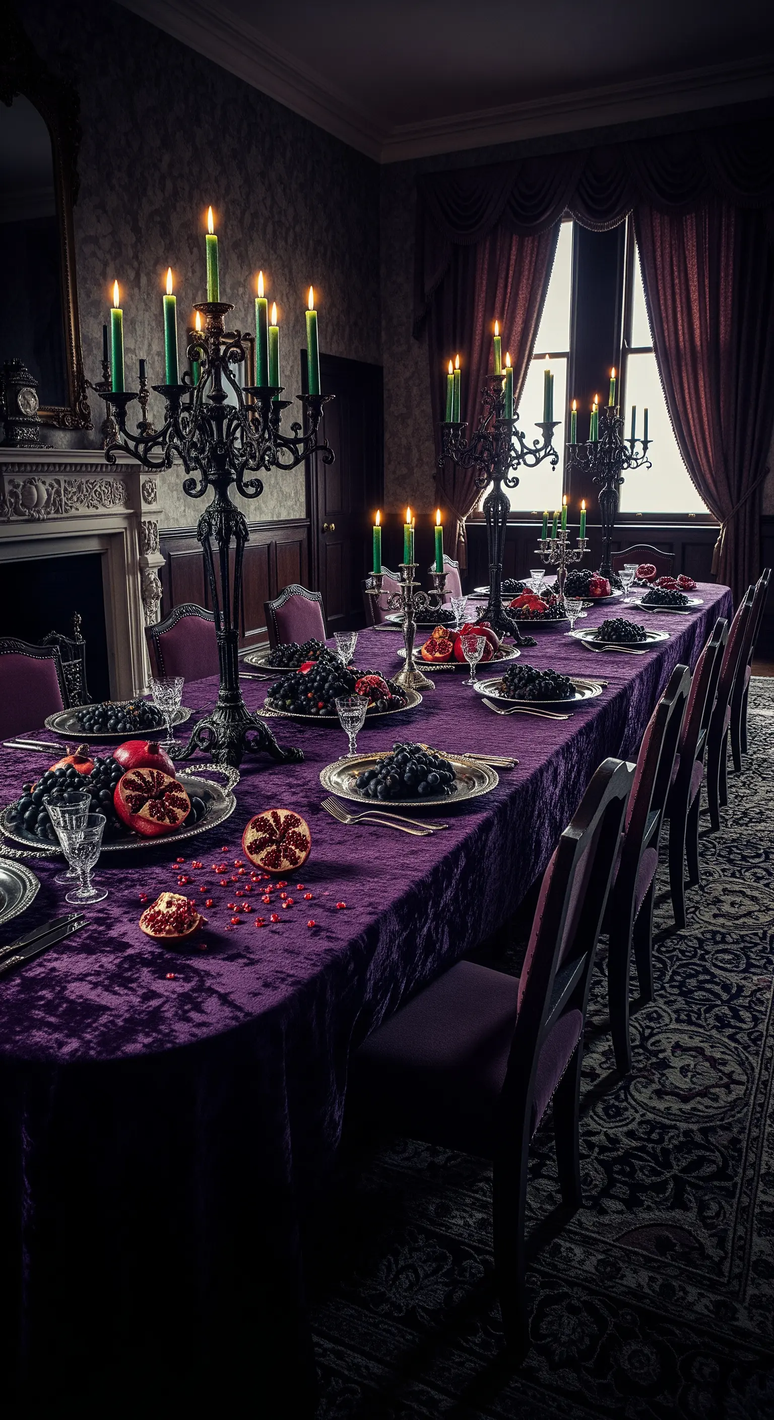 Opulente Halloween Tischdeko in Purpur mit grünen Kerzen und dunklen Früchten