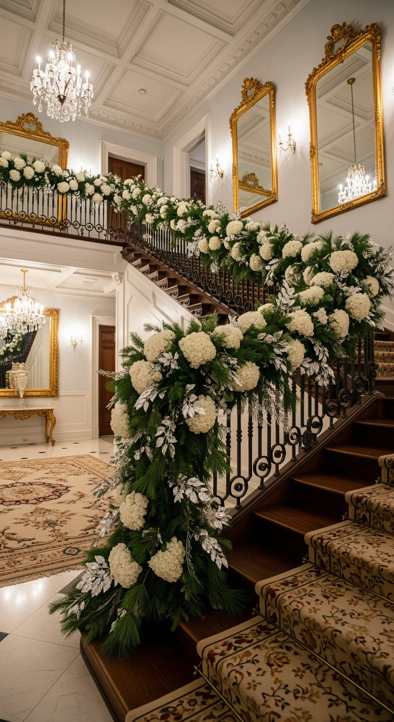 Königliche Treppe mit üppigen weißen Hortensien-Girlanden und silbernem Grün.