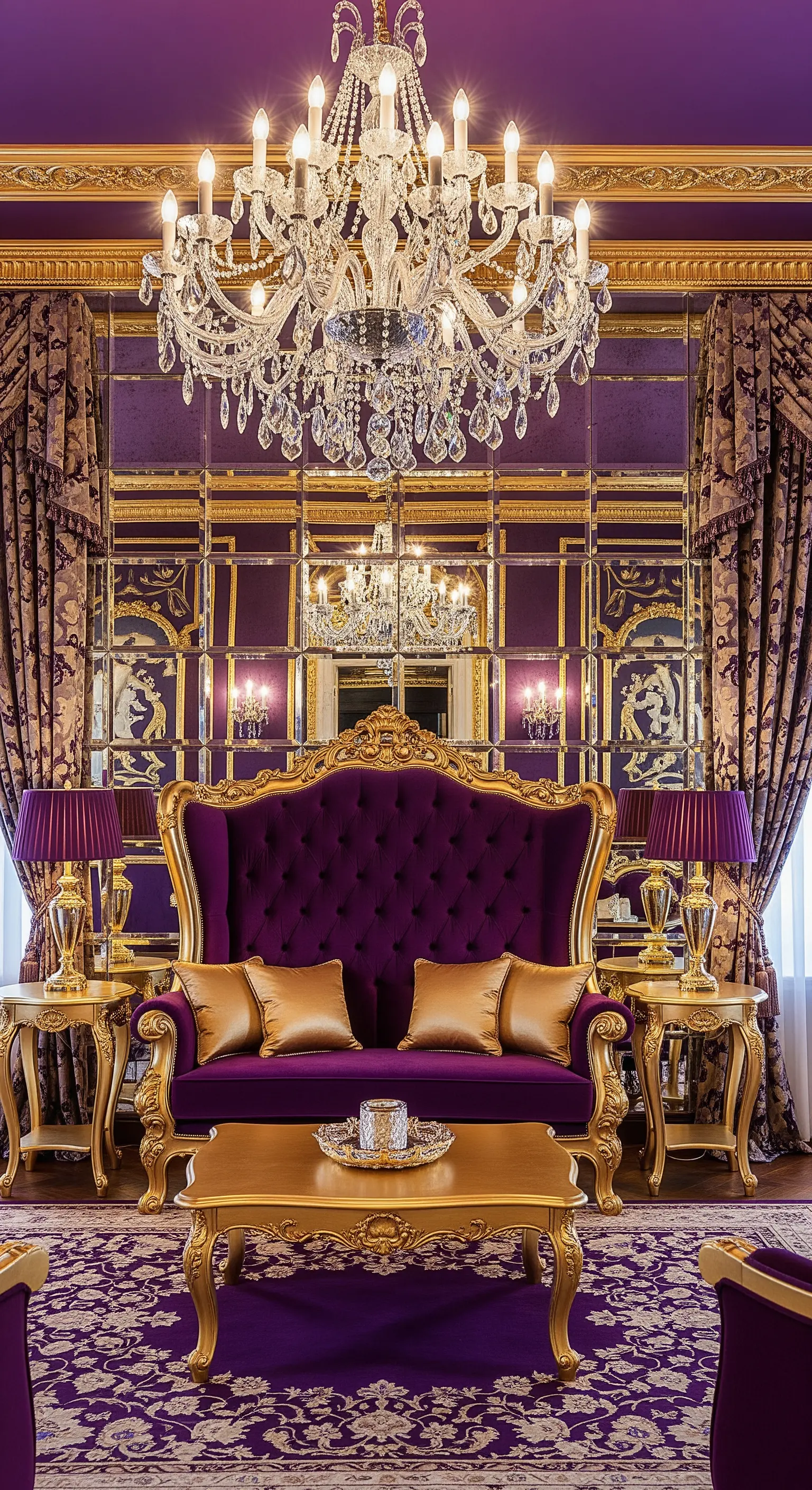 Opulenter Raum in Violett und Gold mit einem barocken Samtsofa und verzierter Spiegelwand.