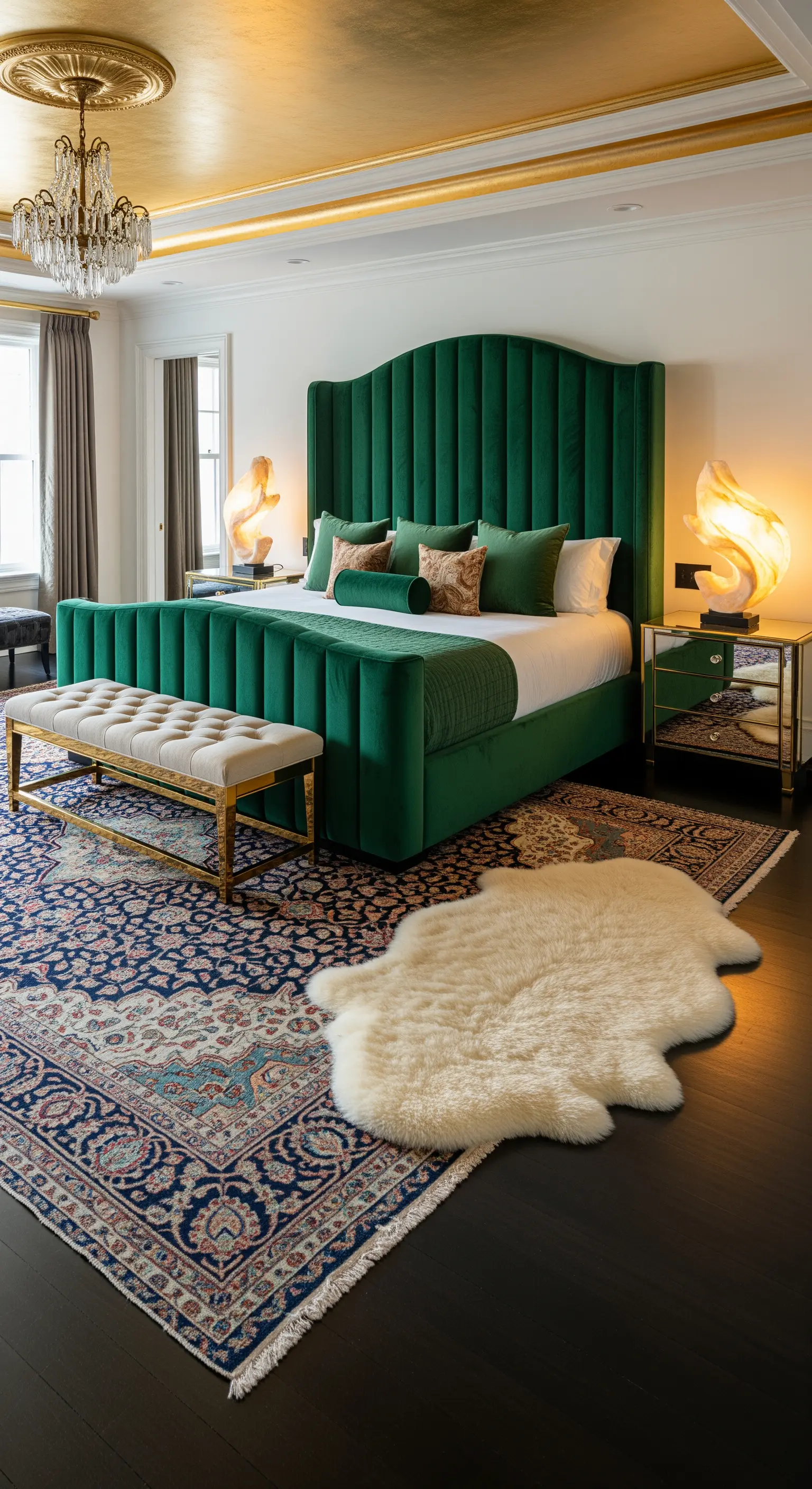 Luxuriöses Schlafzimmer mit smaragdgrünem Samtbett und Lagen aus Perserteppich und Lammfell