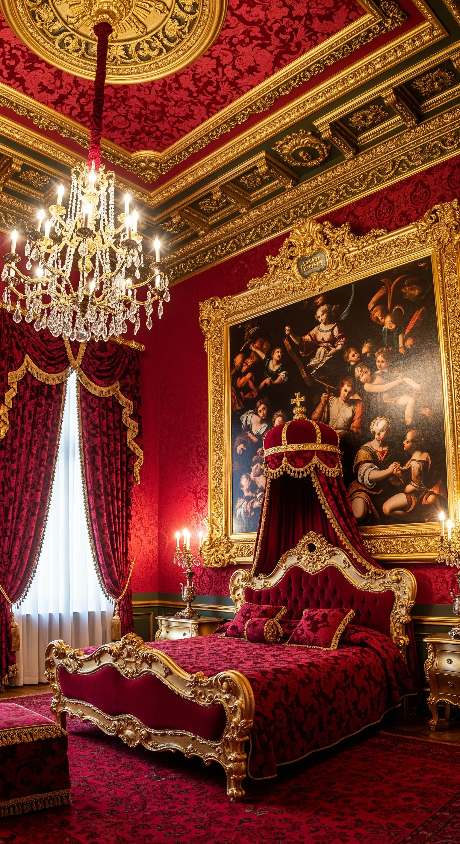 Opulentes Barockschlafzimmer in Rot und Gold mit riesigem Gemälde und Prunkbett.