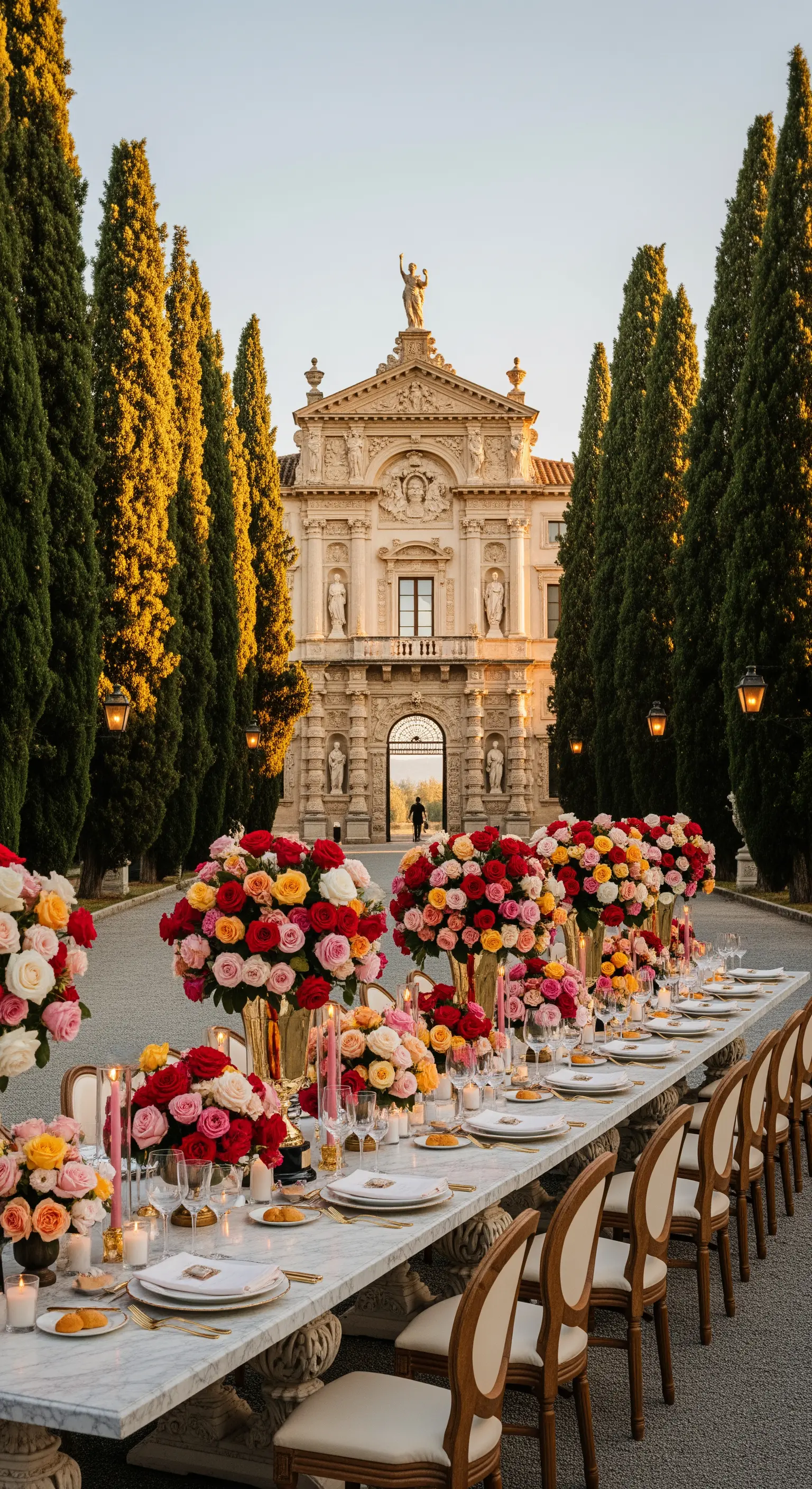 Lange Marmortafel mit bunten Rosen, Goldvasen und Kerzen vor historischer Villa.