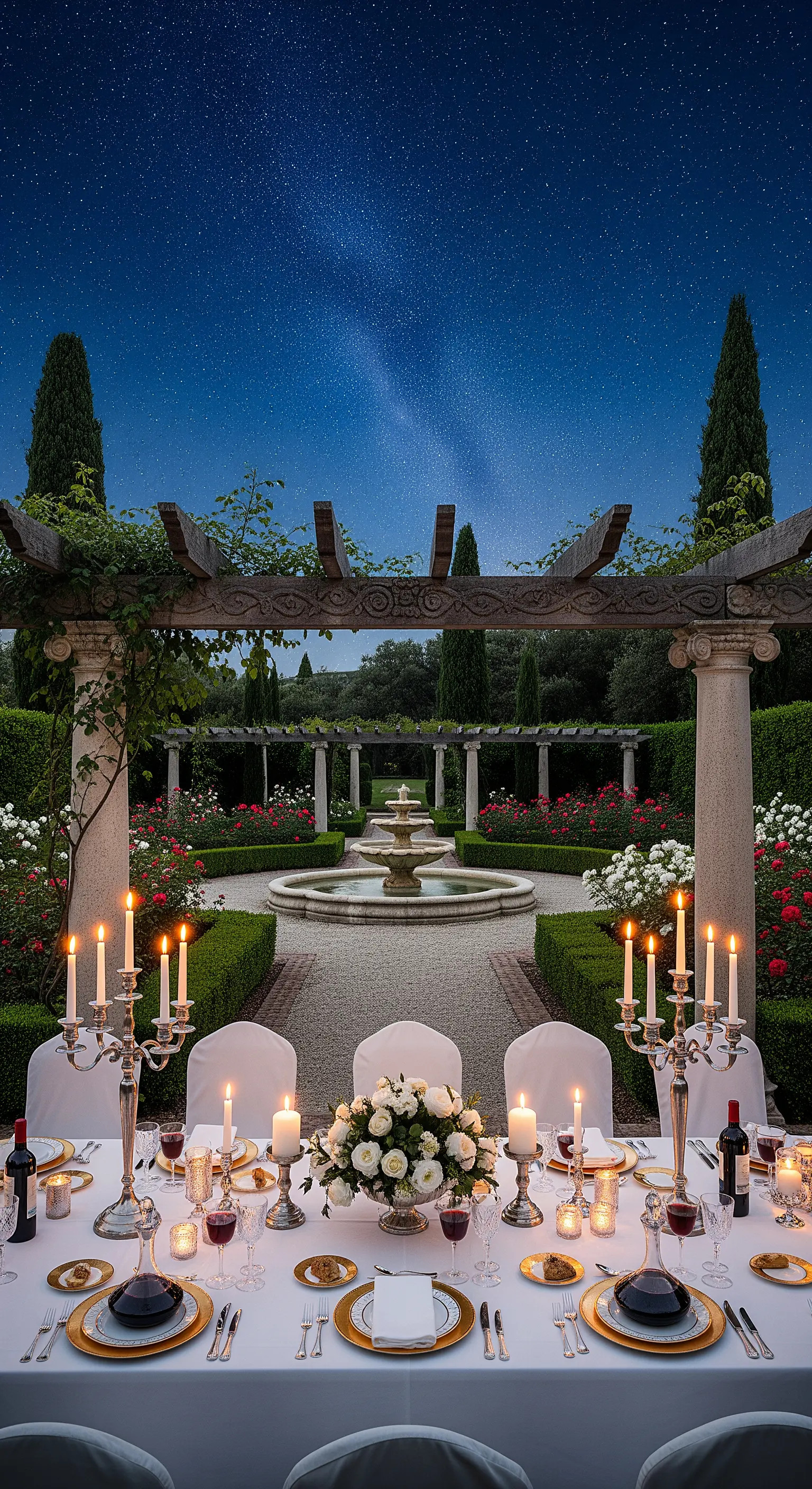 Rosengarten, langer Tisch, Silberleuchter, weiße Rosen, Brunnen