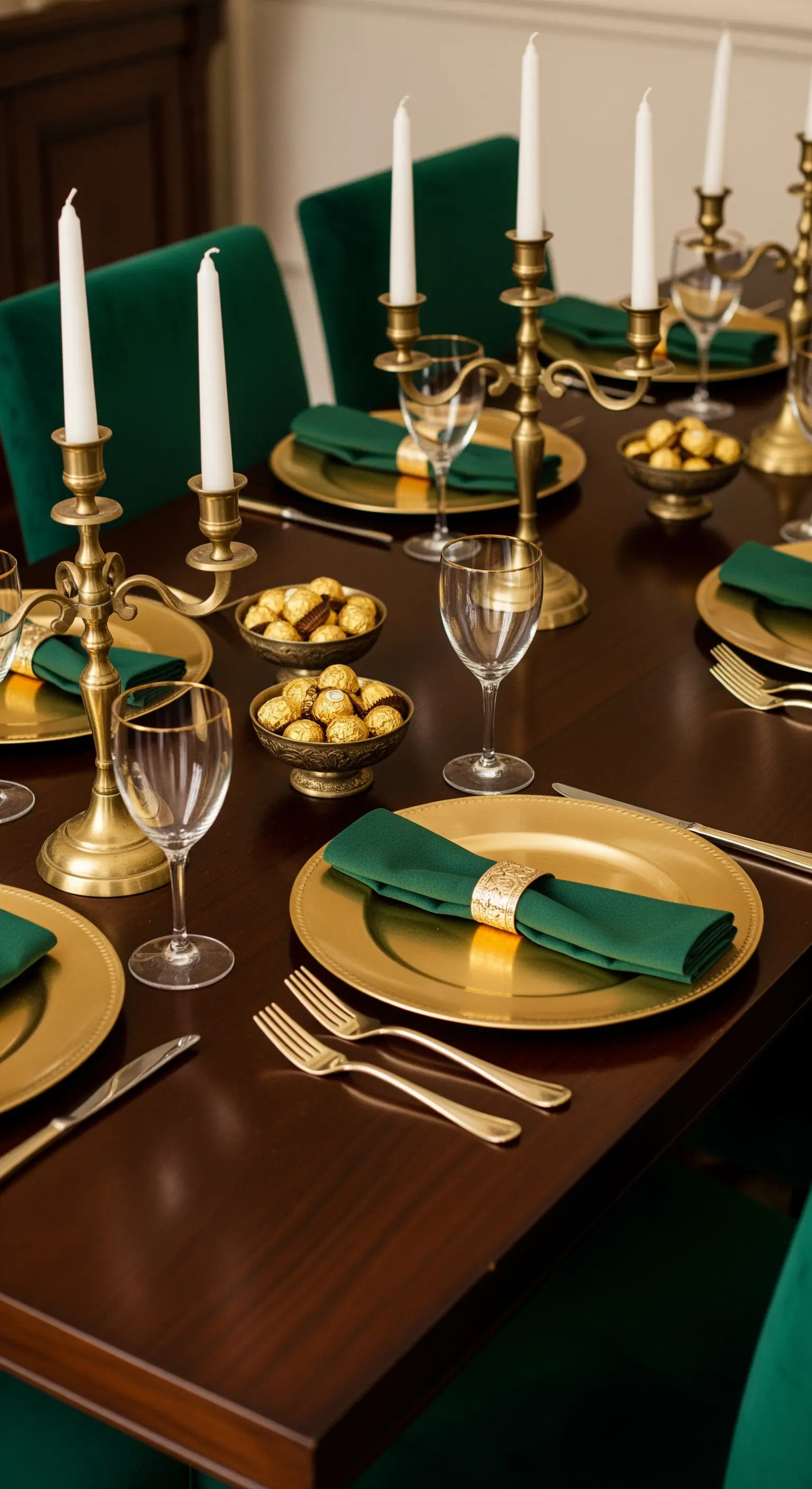 Holztisch mit dunkelgrünen Servietten, goldenen Tellern und Messing-Kerzenleuchtern