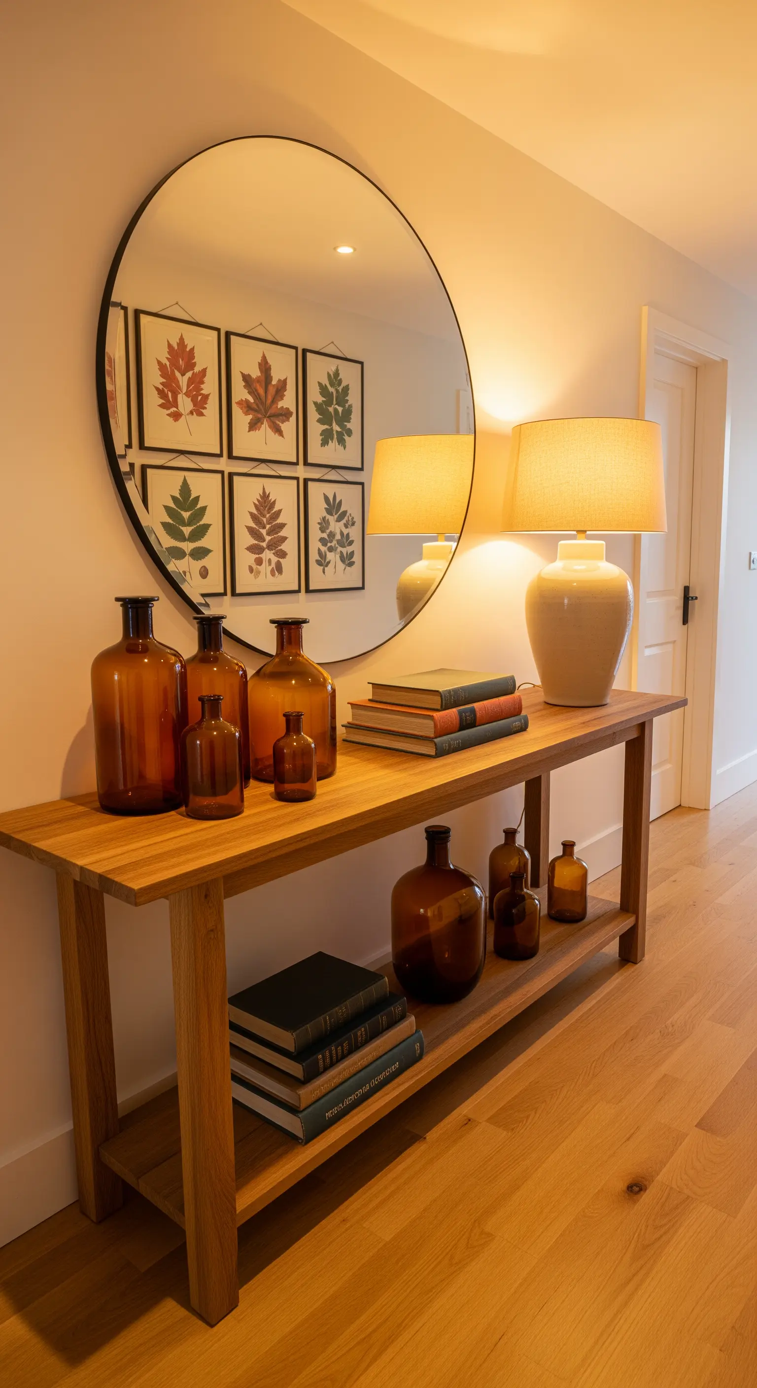 Konsolentisch, bernsteinfarbene Flaschen, Bücher, runder Spiegel, Blattdrucke