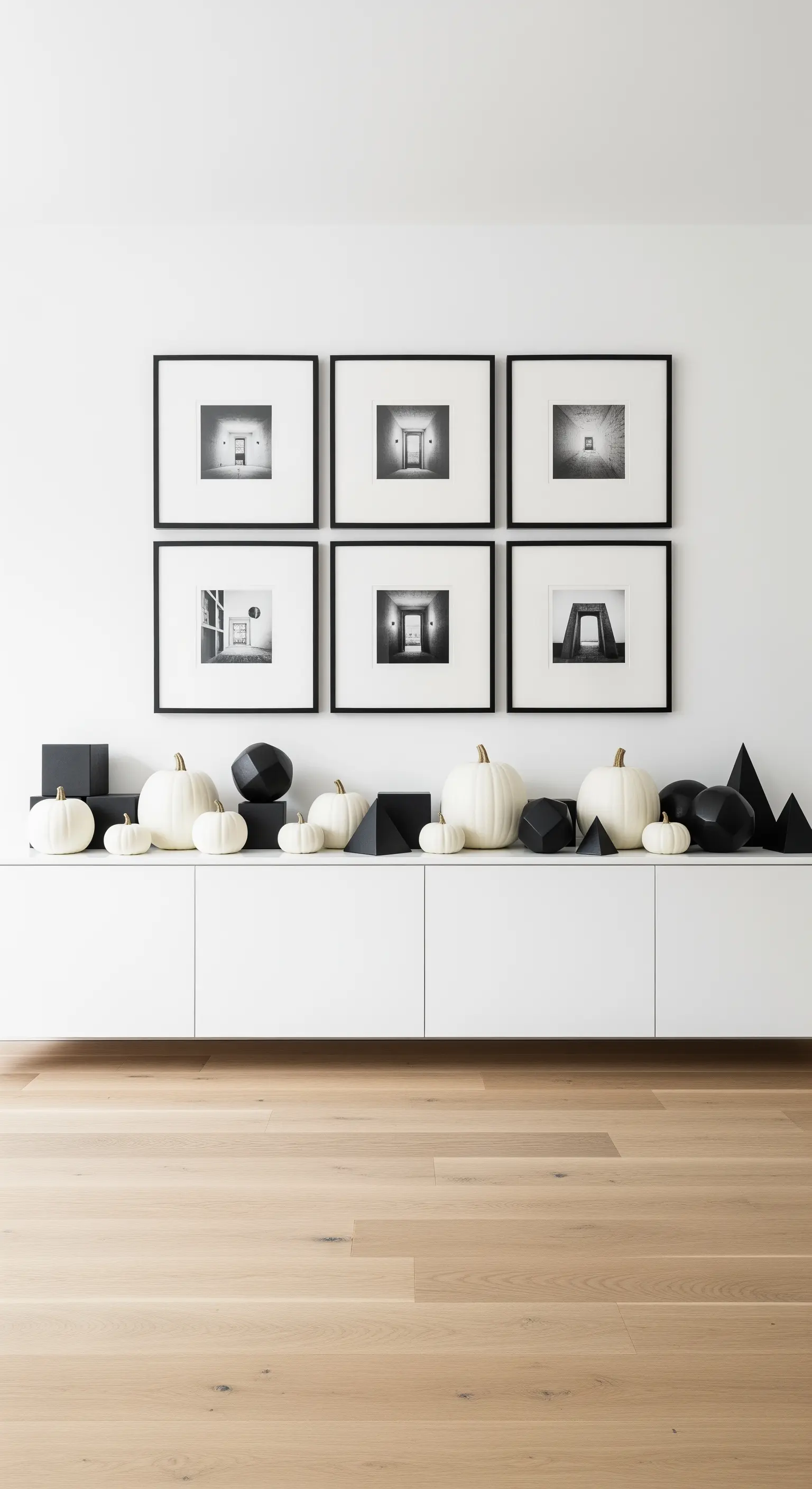 Konsolentisch mit weißen Kürbissen, schwarzen geometrischen Objekten und Galerie