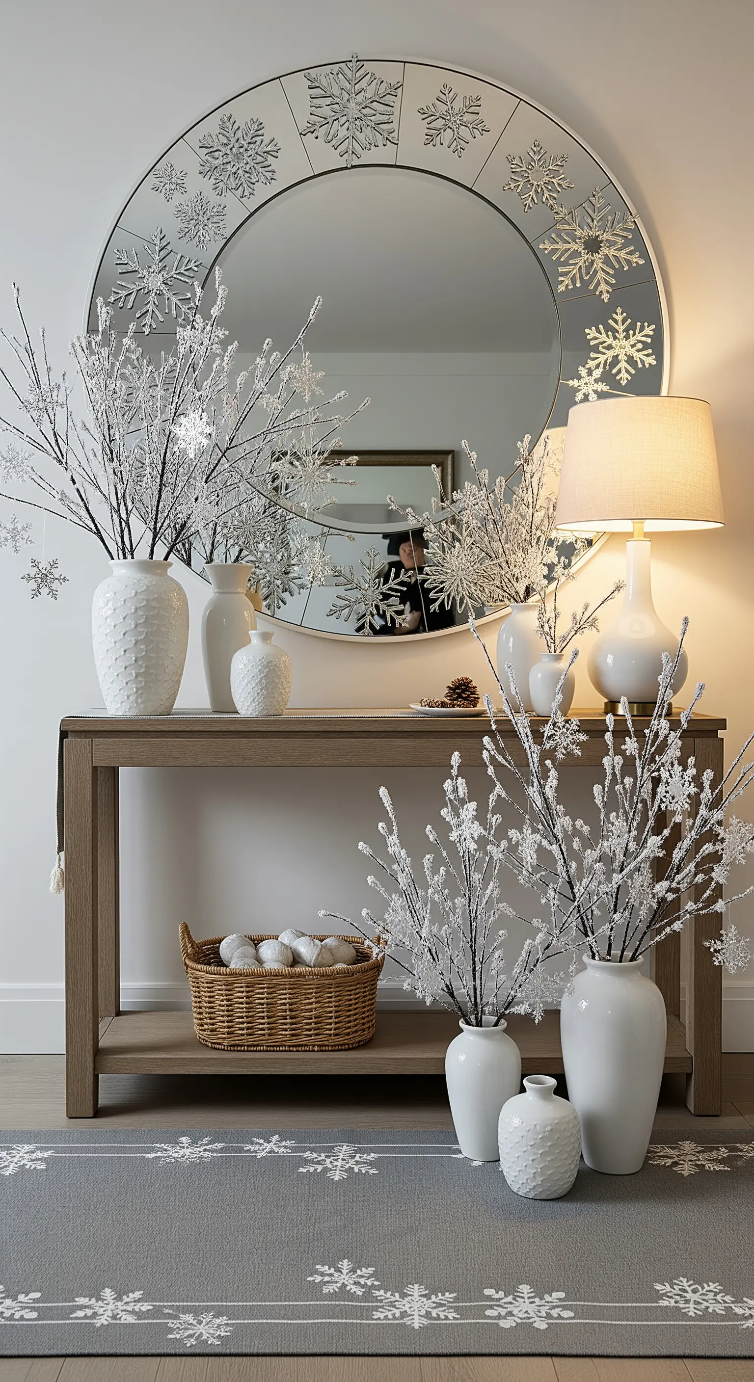 Konsolentisch mit weißen Vasen, bereiften Ästen und rundem Spiegel mit Schneeflocken