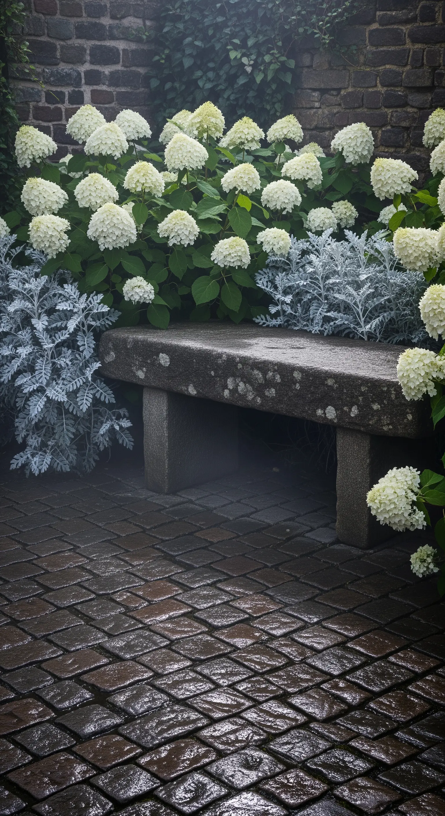 Steinerne Bank umgeben von weißen Hortensien und silbernem Blattwerk