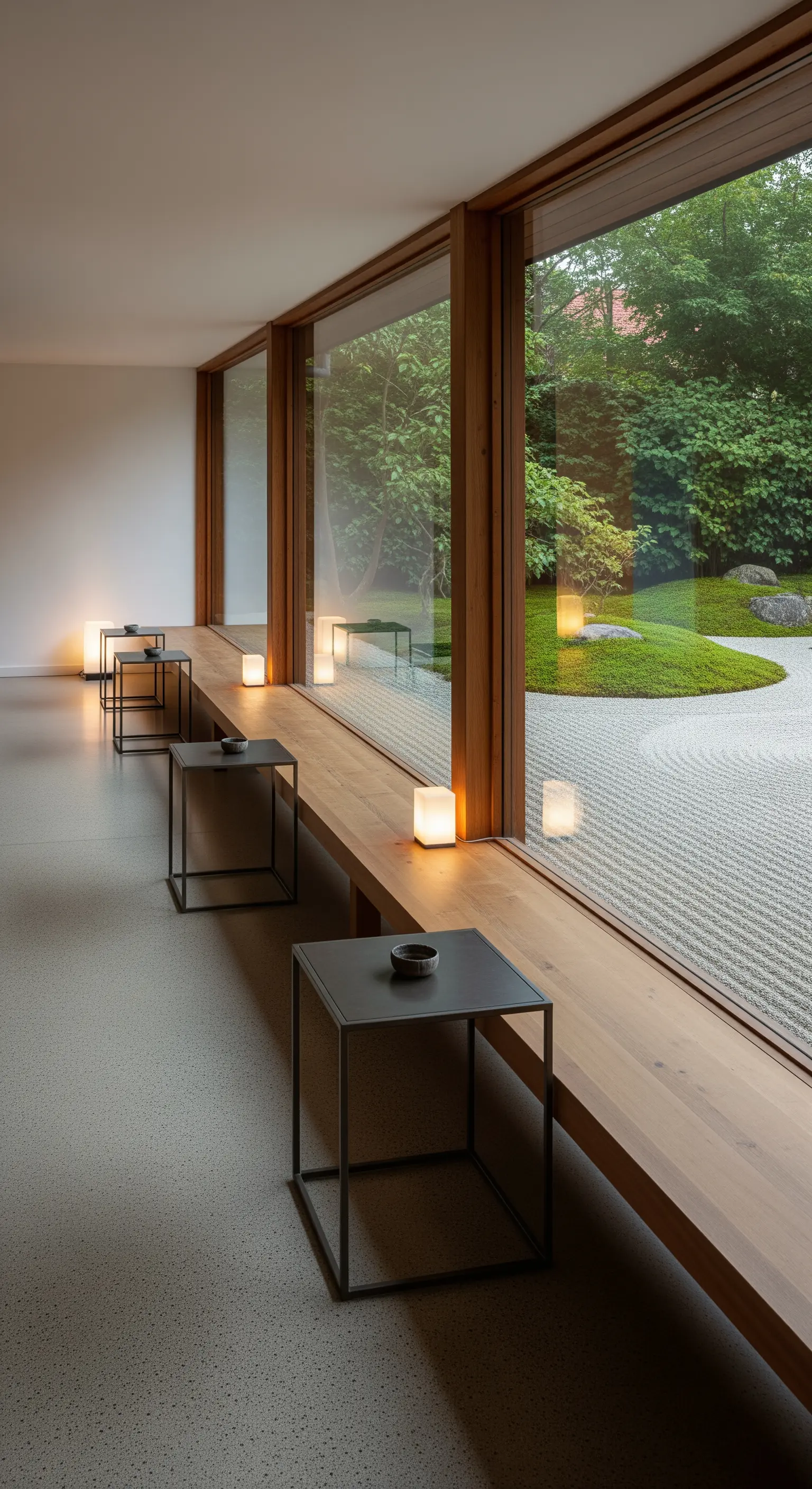 Fensterbank-Kaffeeecke mit Zen-Gartenblick und Lichtern