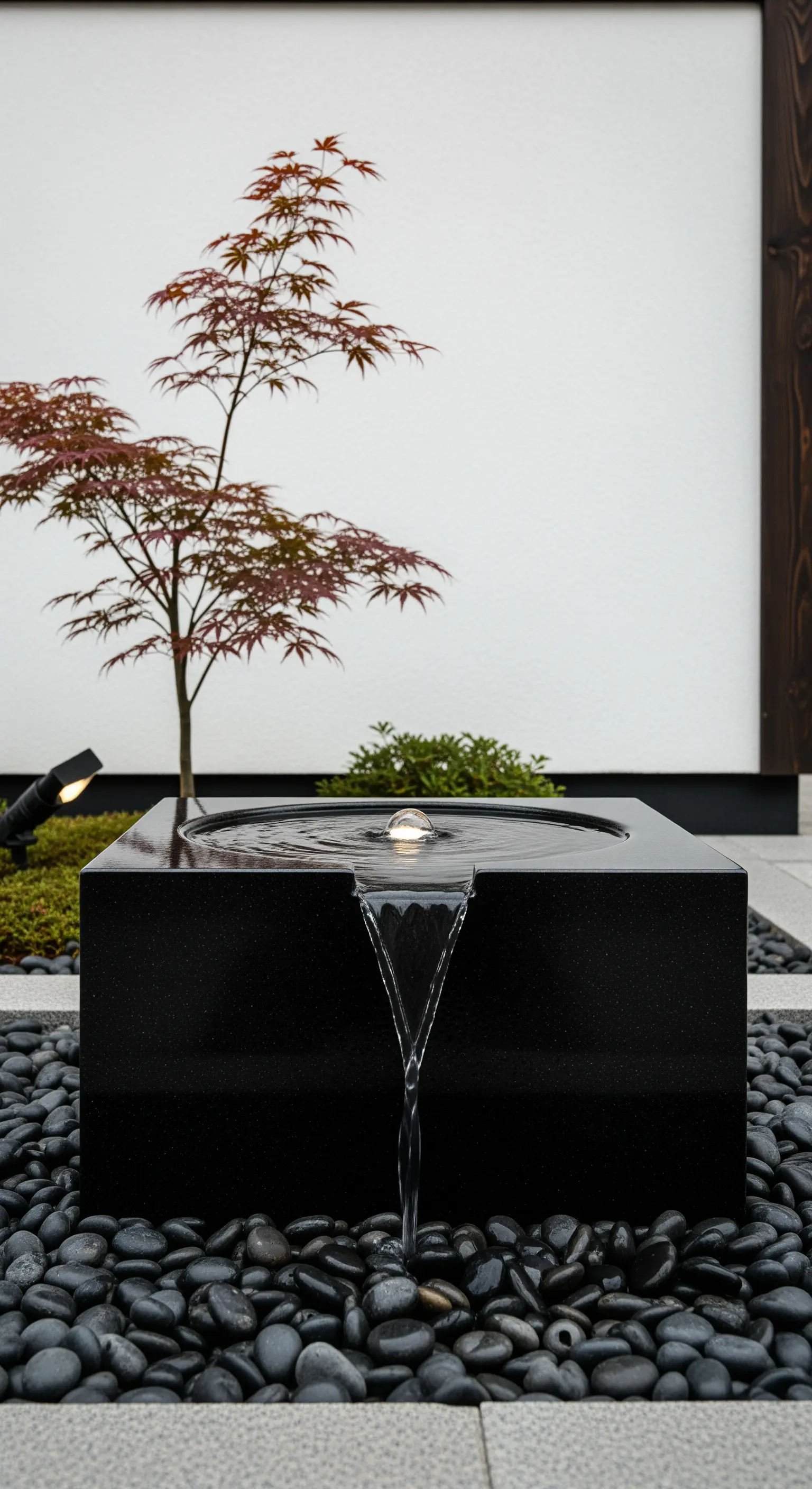 Moderner Quellstein aus dunklem Granit mit japanischem Ahorn und schwarzen Kieselsteinen