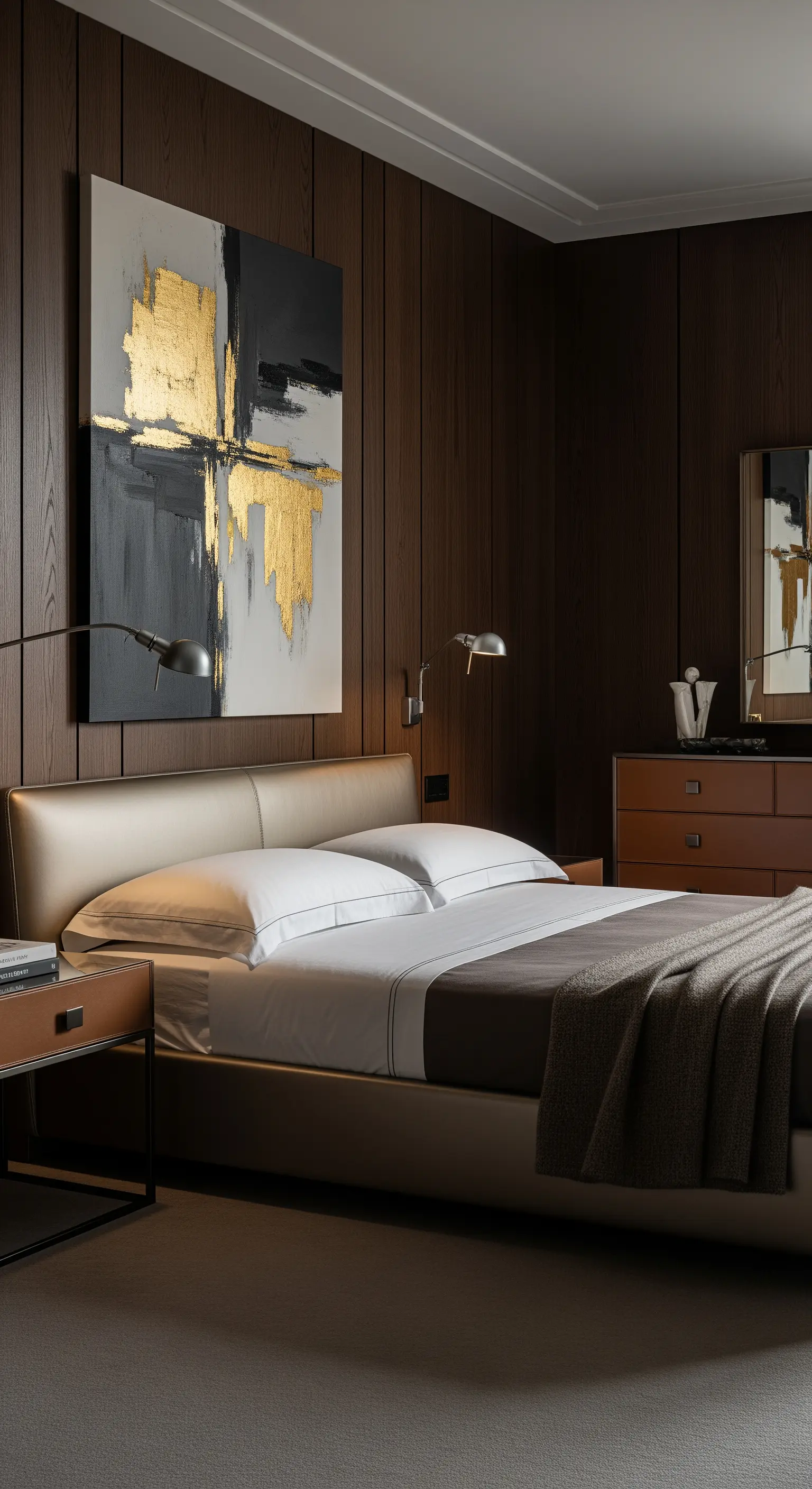 Modernes Schlafzimmer mit dunkler Holzwand, Lederkopfteil und abstraktem Gold-Kunstwerk.