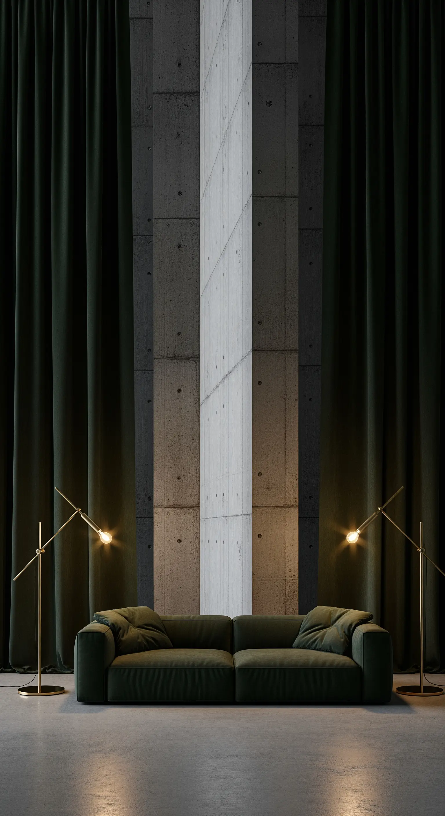 Grünes Samtsofa vor Betonwand, minimalistische Messing-Stehleuchten