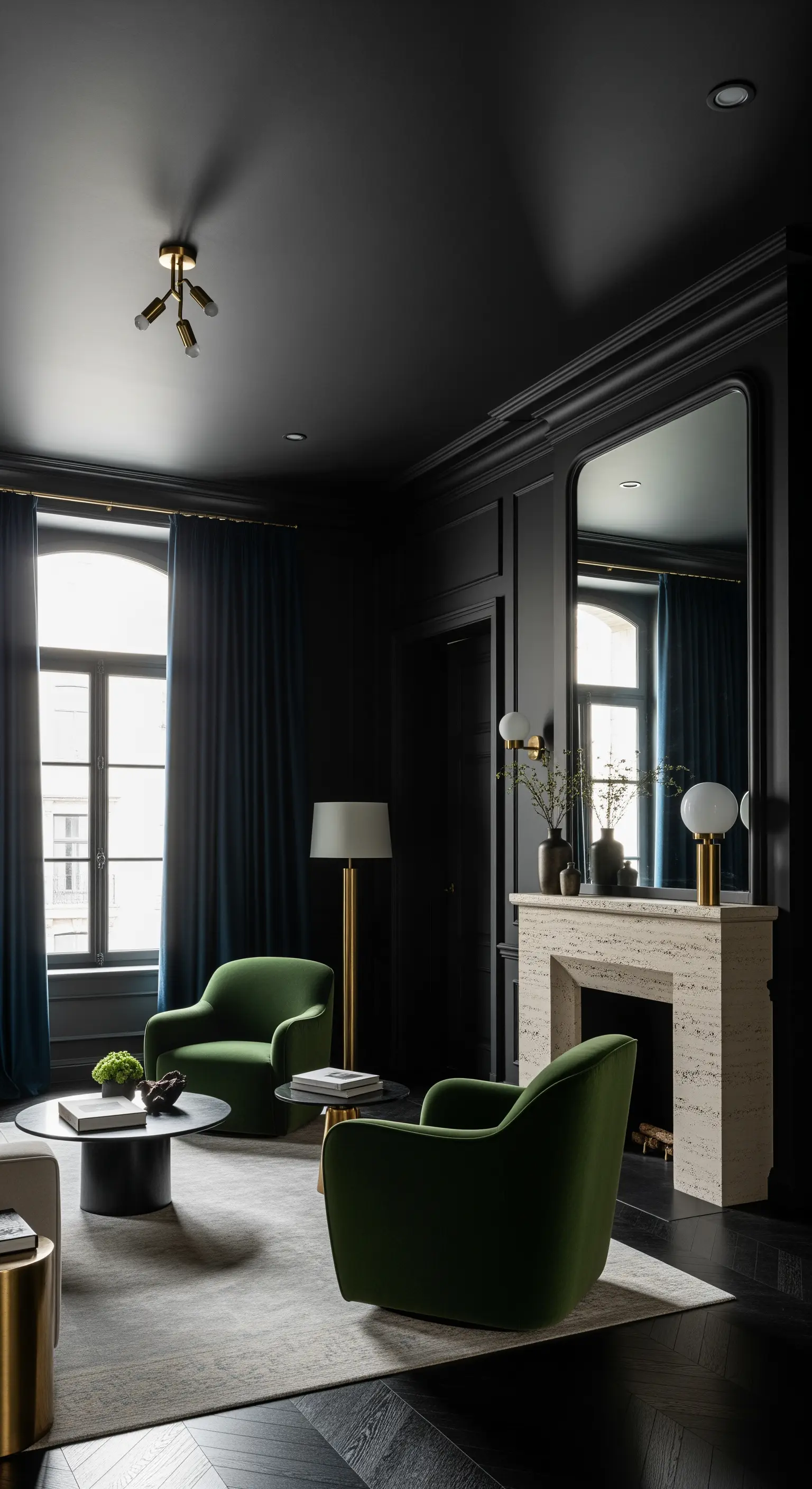 Dunkles Wohnzimmer mit grünen Samtsesseln und großem Spiegel über dem Kamin