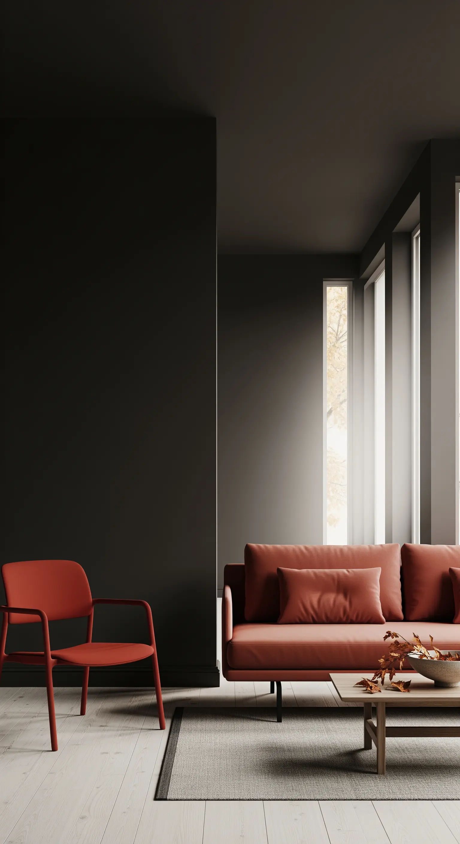 Modernes Wohnzimmer mit dunklen Wänden, Terrakotta-Sofa und minimalistischer Deko