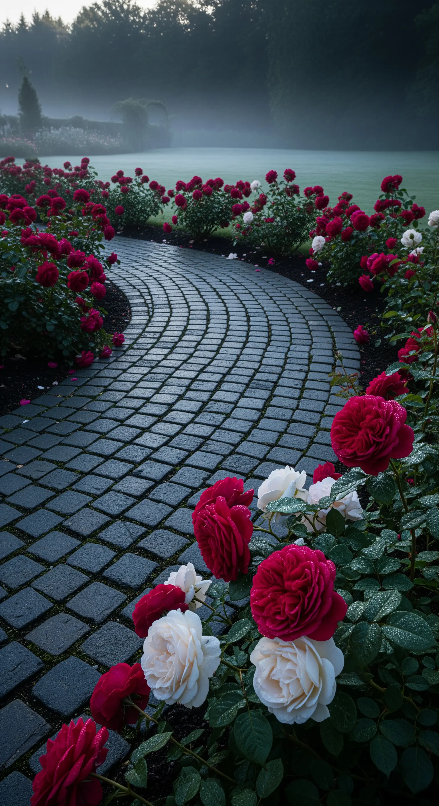 Geschwungener Gartenweg mit roten und weißen Rosen, inspiriert von englischen Gärten.