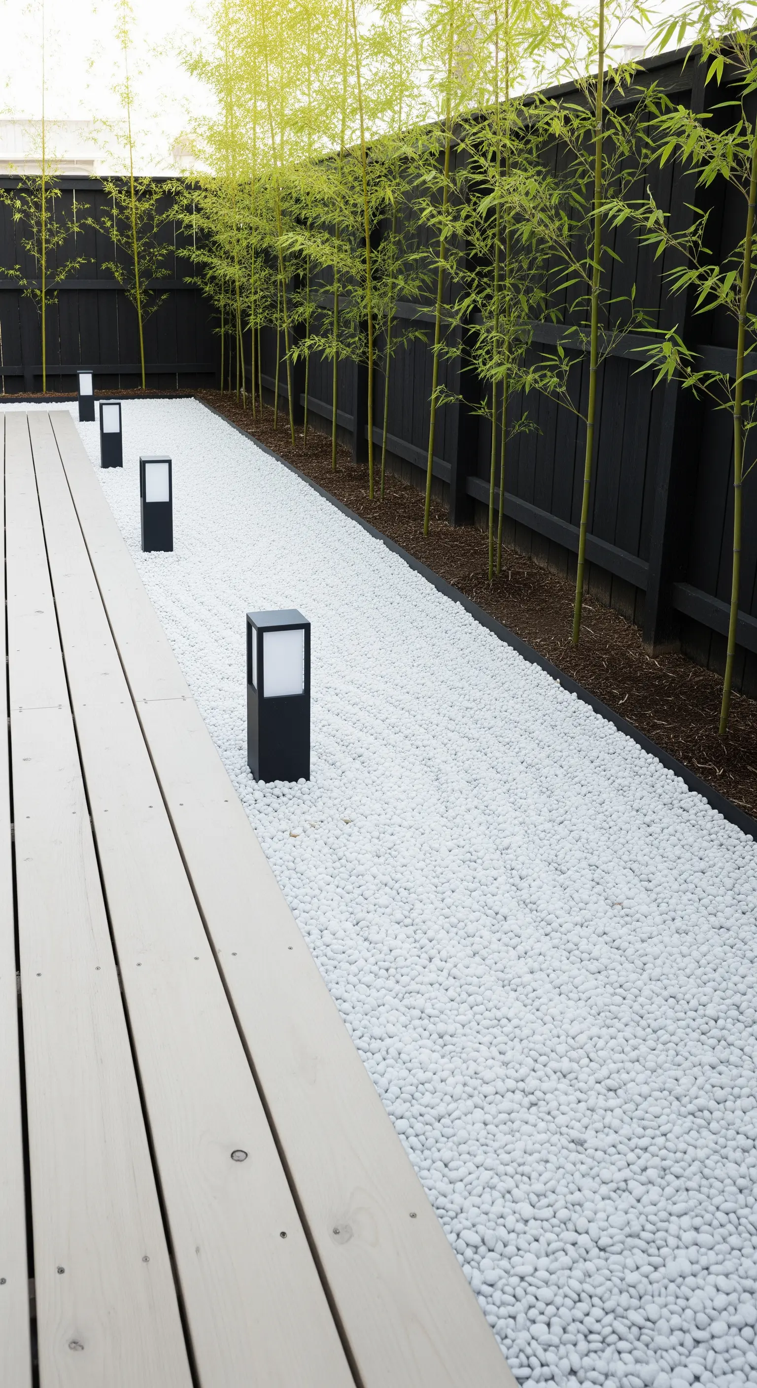 Japandi Garten mit hellem Kiesweg, dunklem Holzdeck, Bambus und modernen Leuchten