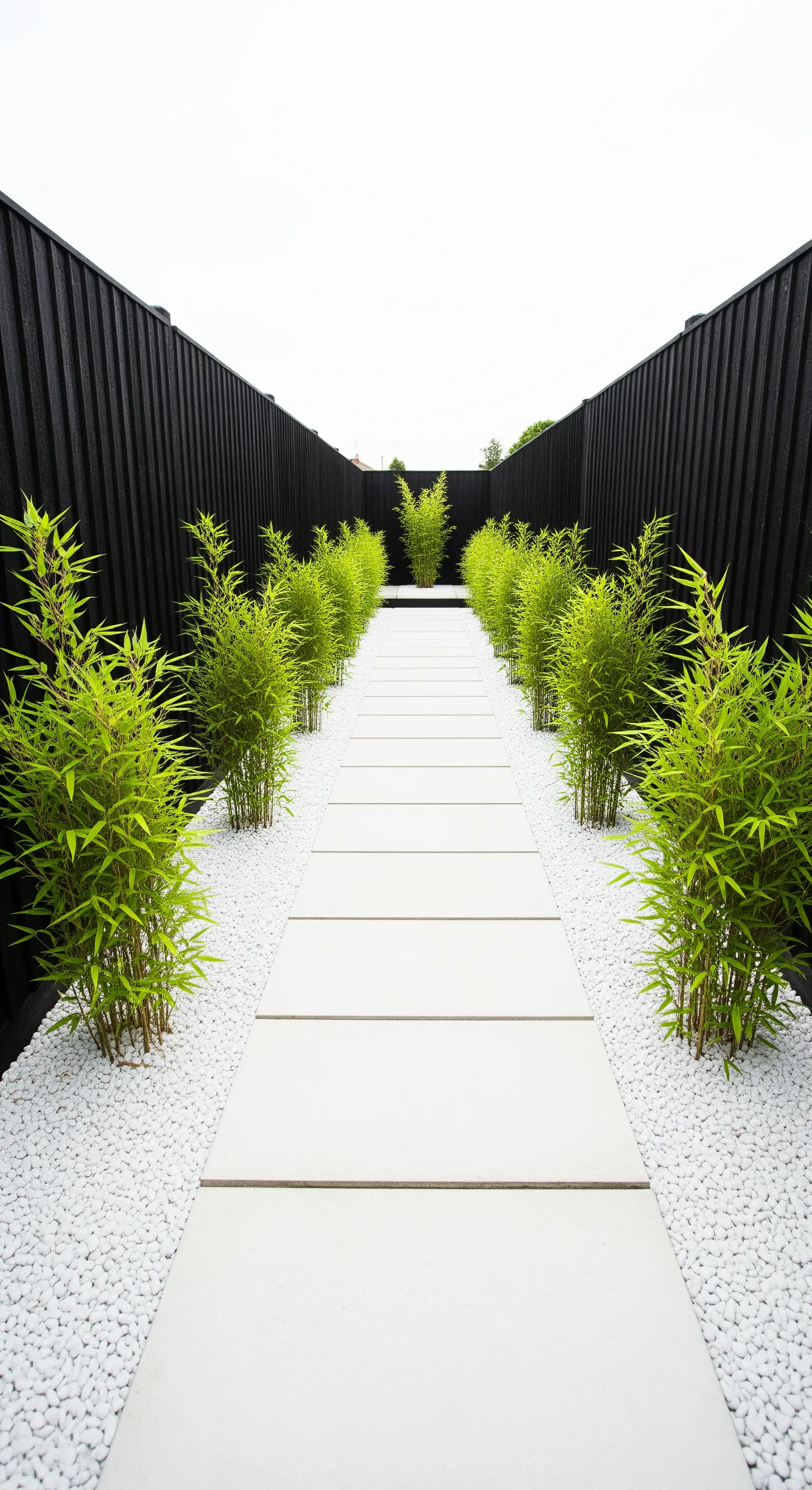 Gerader Pfad aus hellen Platten und weißem Kies, flankiert von jungem Bambus