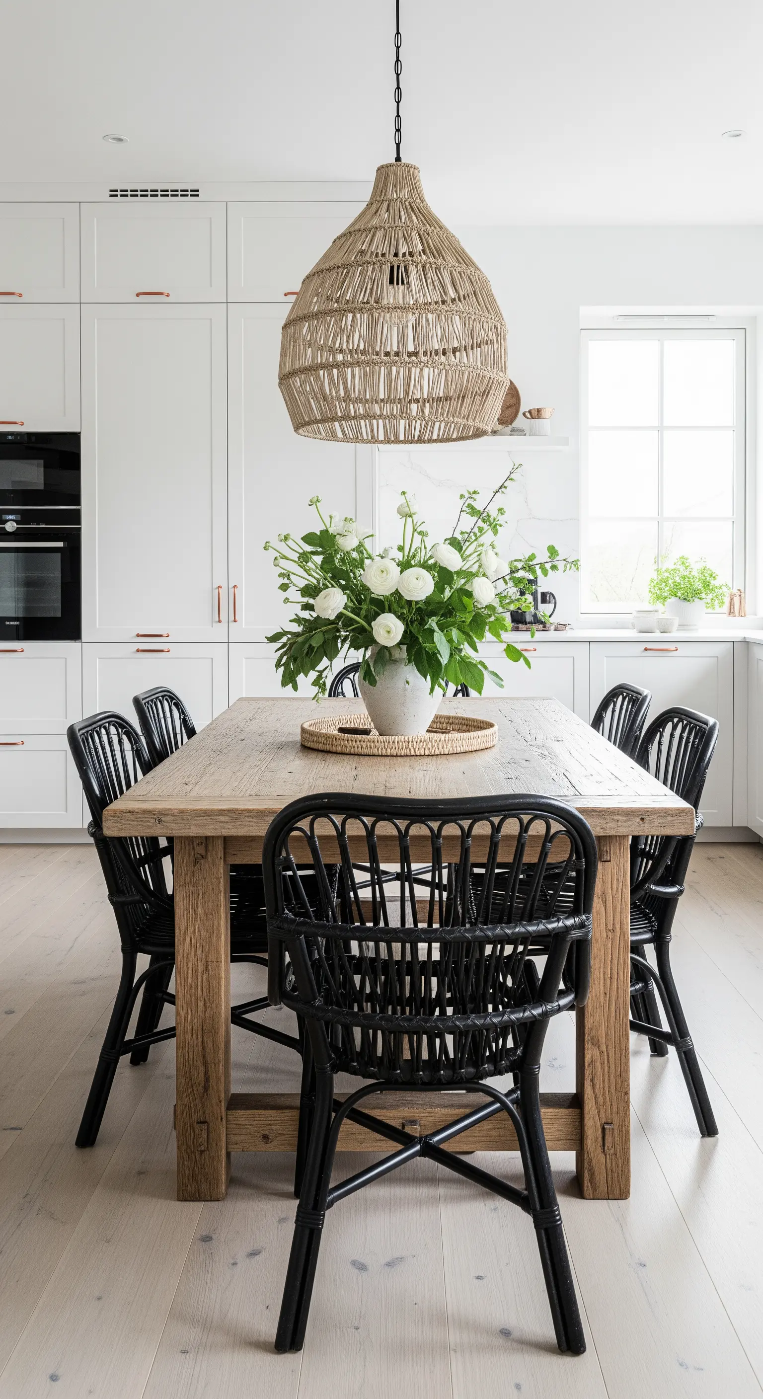 Schwarze Rattanstühle, Holztisch, gewebte Lampe und weiße Blumen