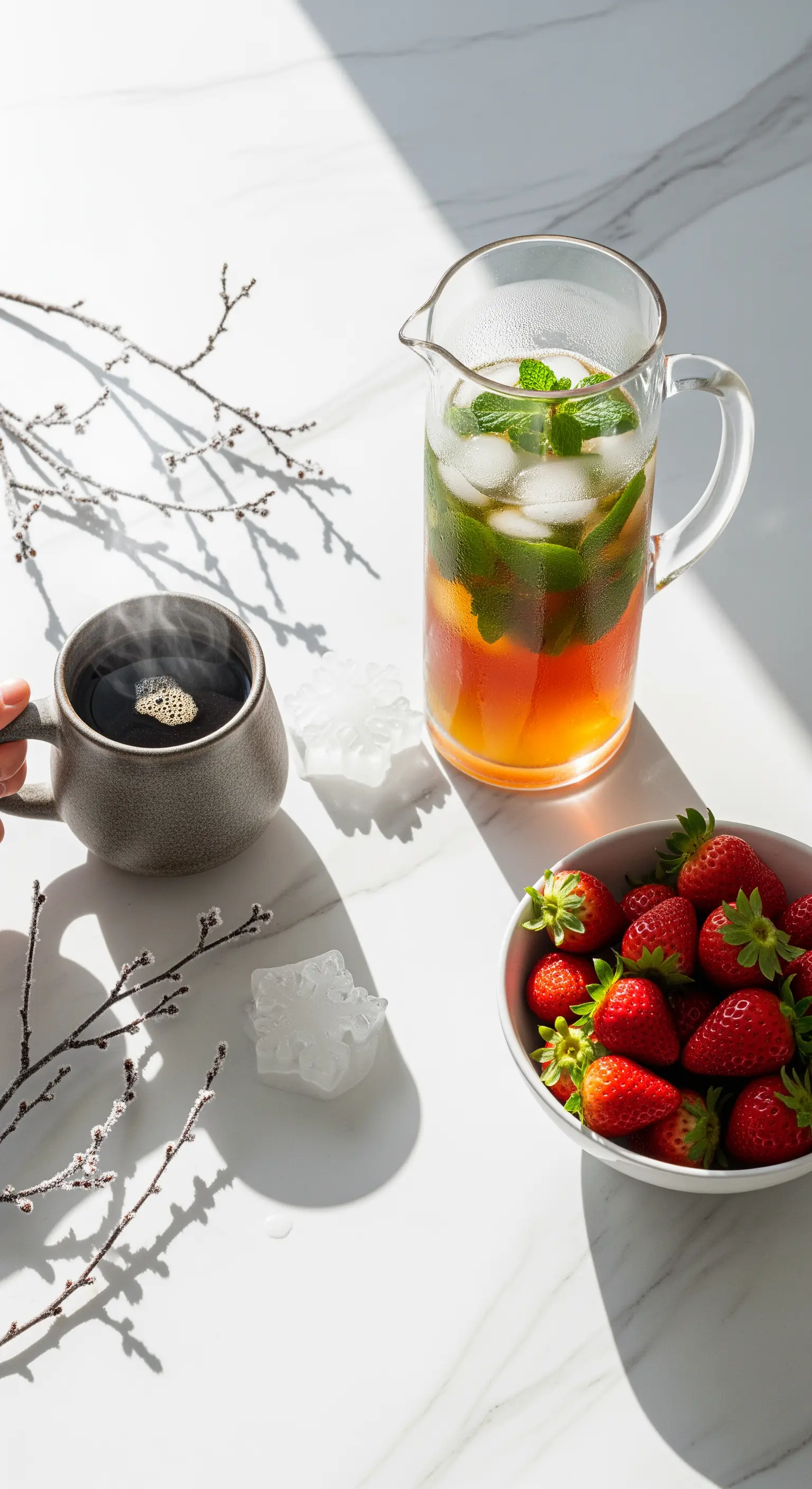Heißer Kaffee, Eistee und Erdbeeren auf Marmorarbeitsplatte im Sonnenlicht