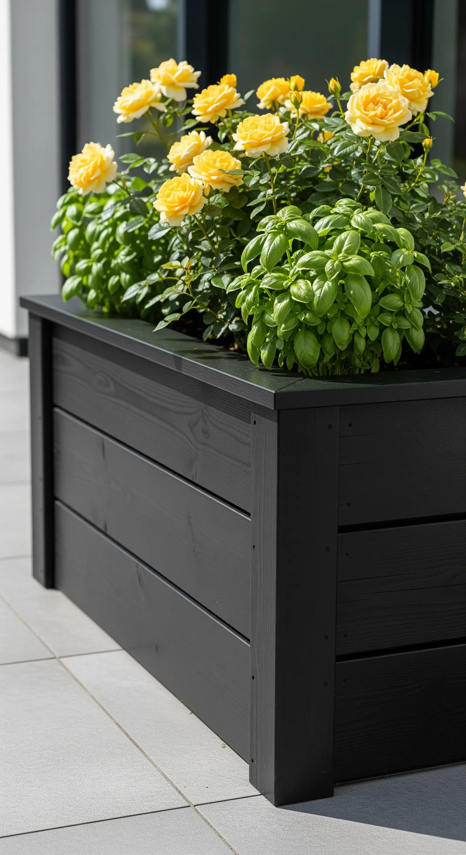 Schwarzes Holzhochbeet, gelbe Rosen, Basilikum, moderner Garten.