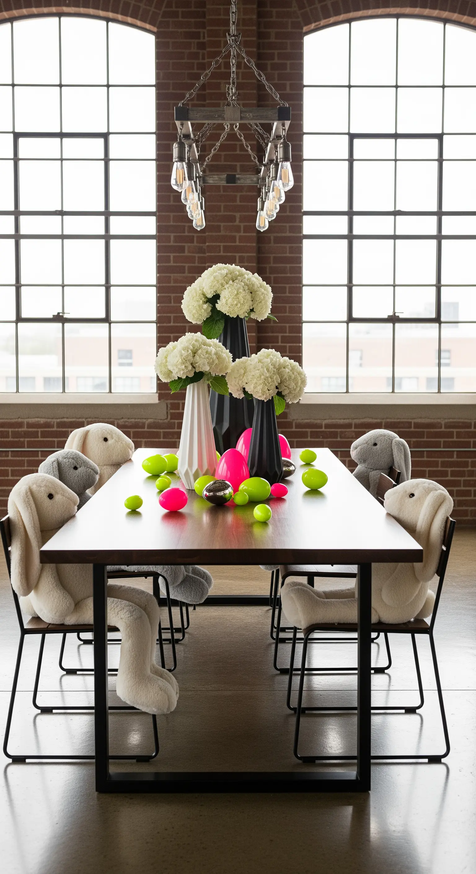 Industrial Chic Ostertafel mit weißen Hortensien, neonfarbenen Eiern und Plüschhasen auf Stühlen.