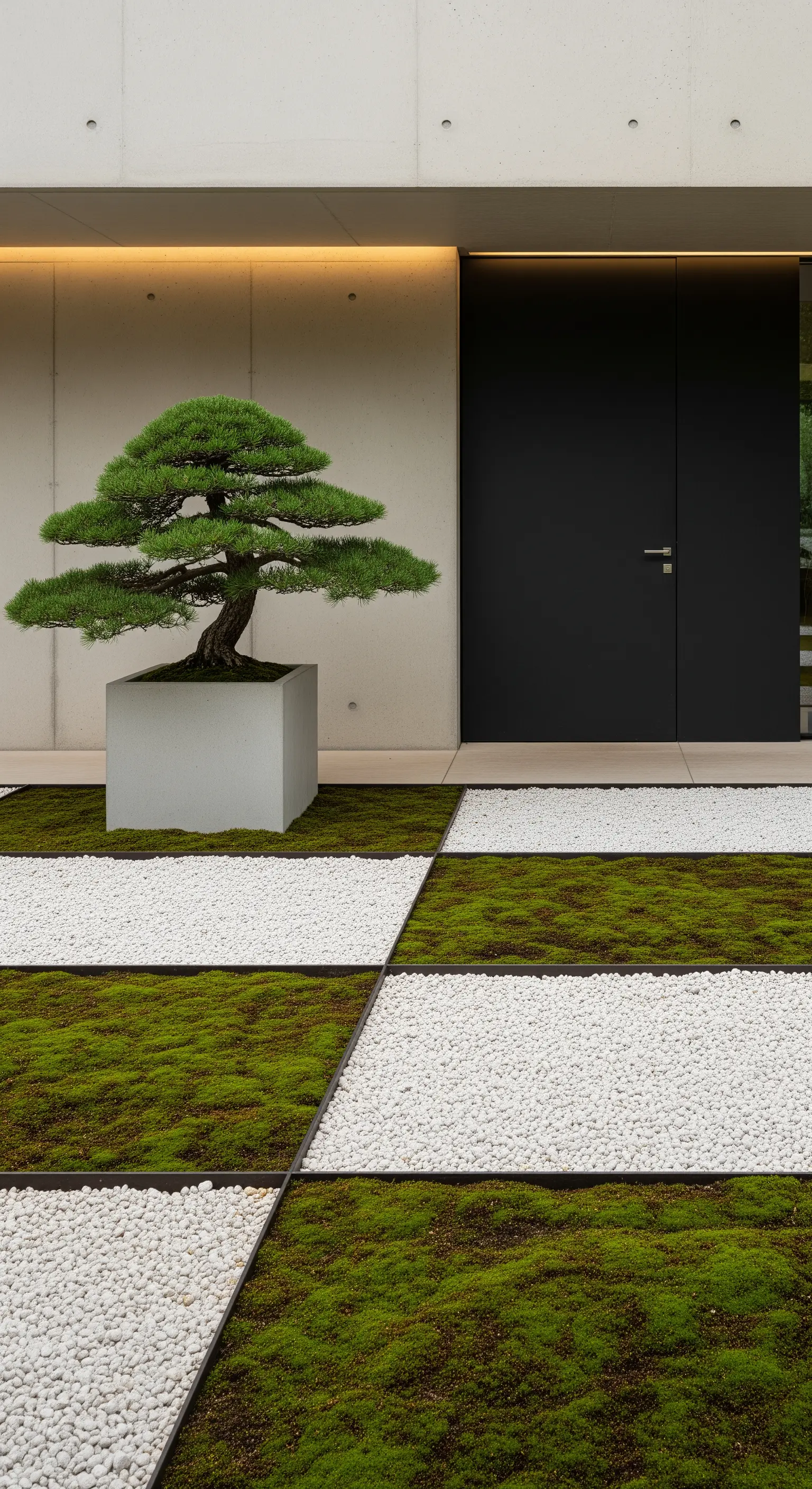 Schachbrettmuster aus Moos und Kies mit Betonwürfel und beleuchtetem Bonsai