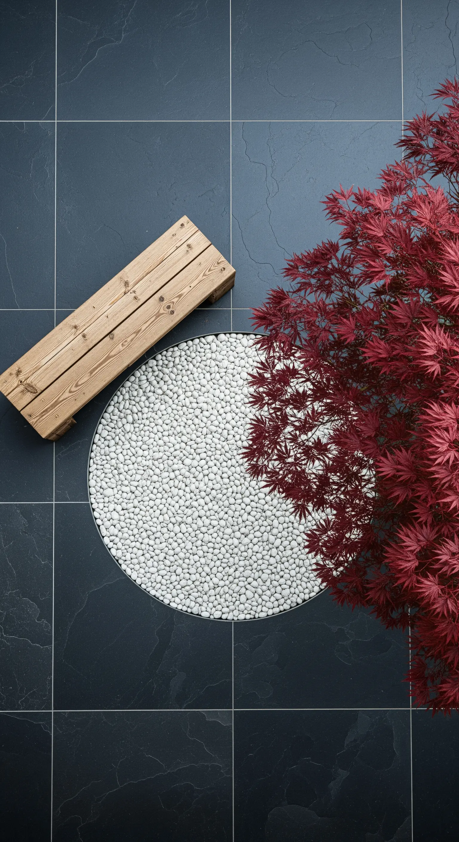 Ansicht von oben: Roter Ahornbaum, weißer Kieskreis, Holzbank auf dunklen Fliesen