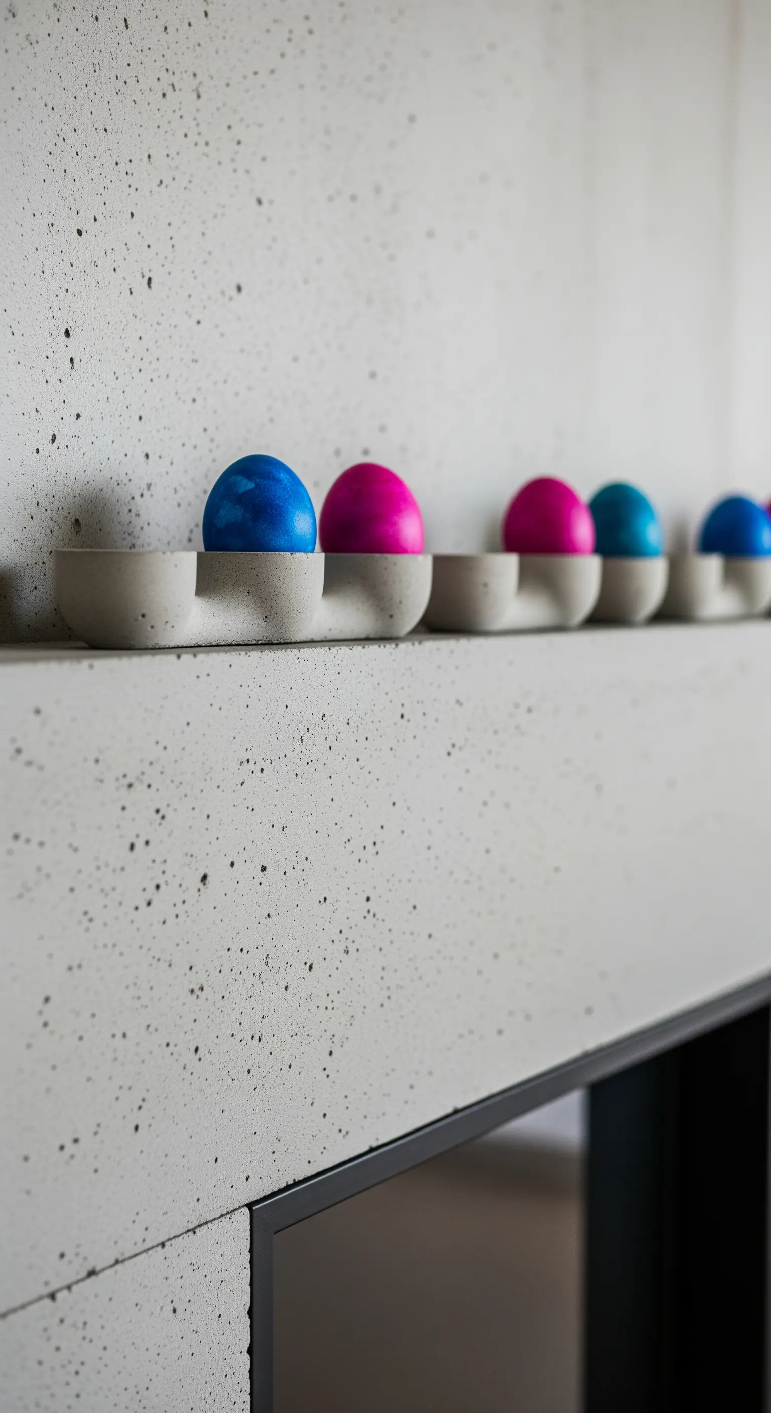 Bunte Ostereier in einem modernen Eierhalter aus Beton auf einem Kaminsims.