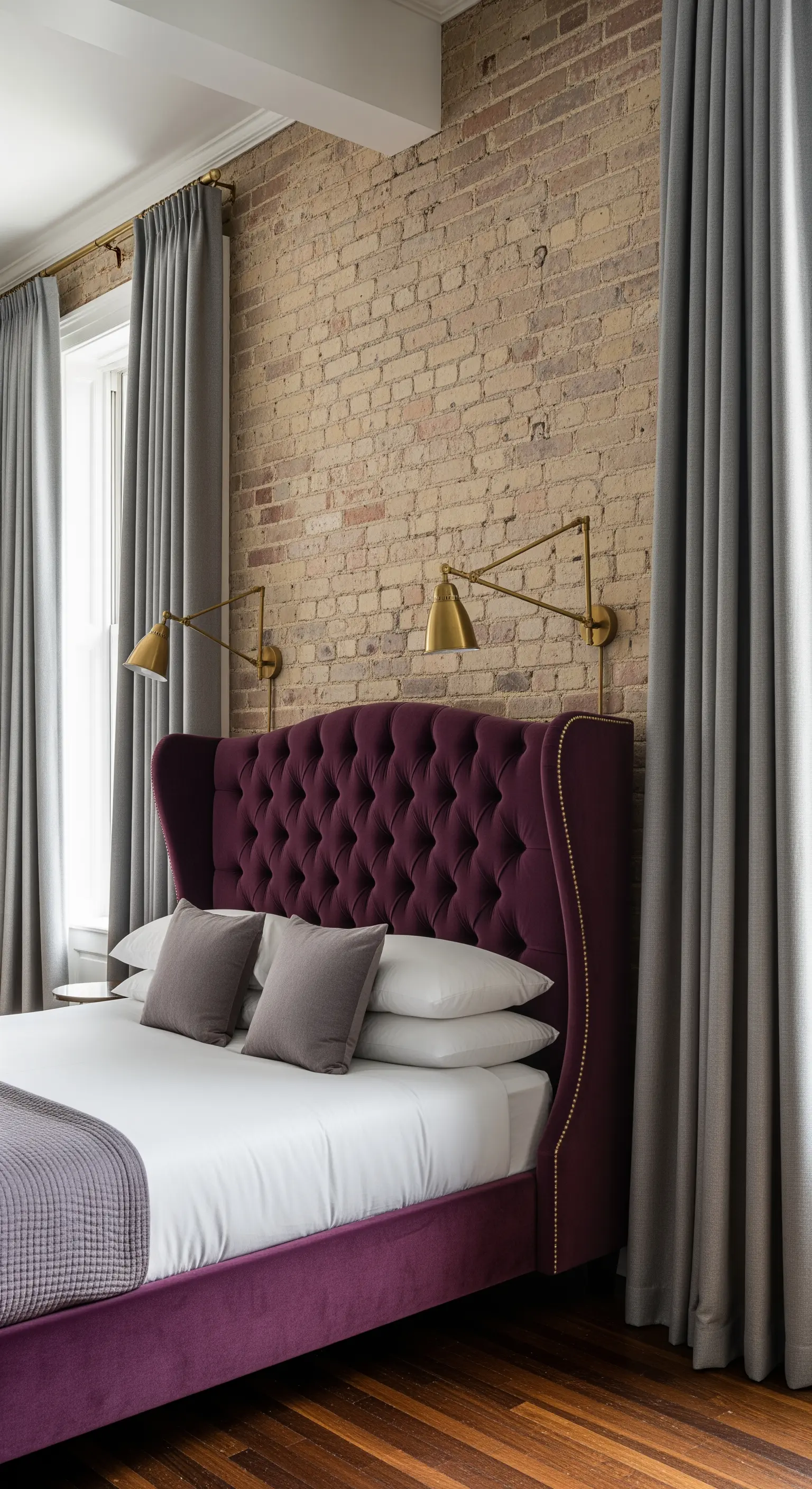 Lila Samtbett mit Chesterfield-Kopfteil vor einer rustikalen Ziegelwand