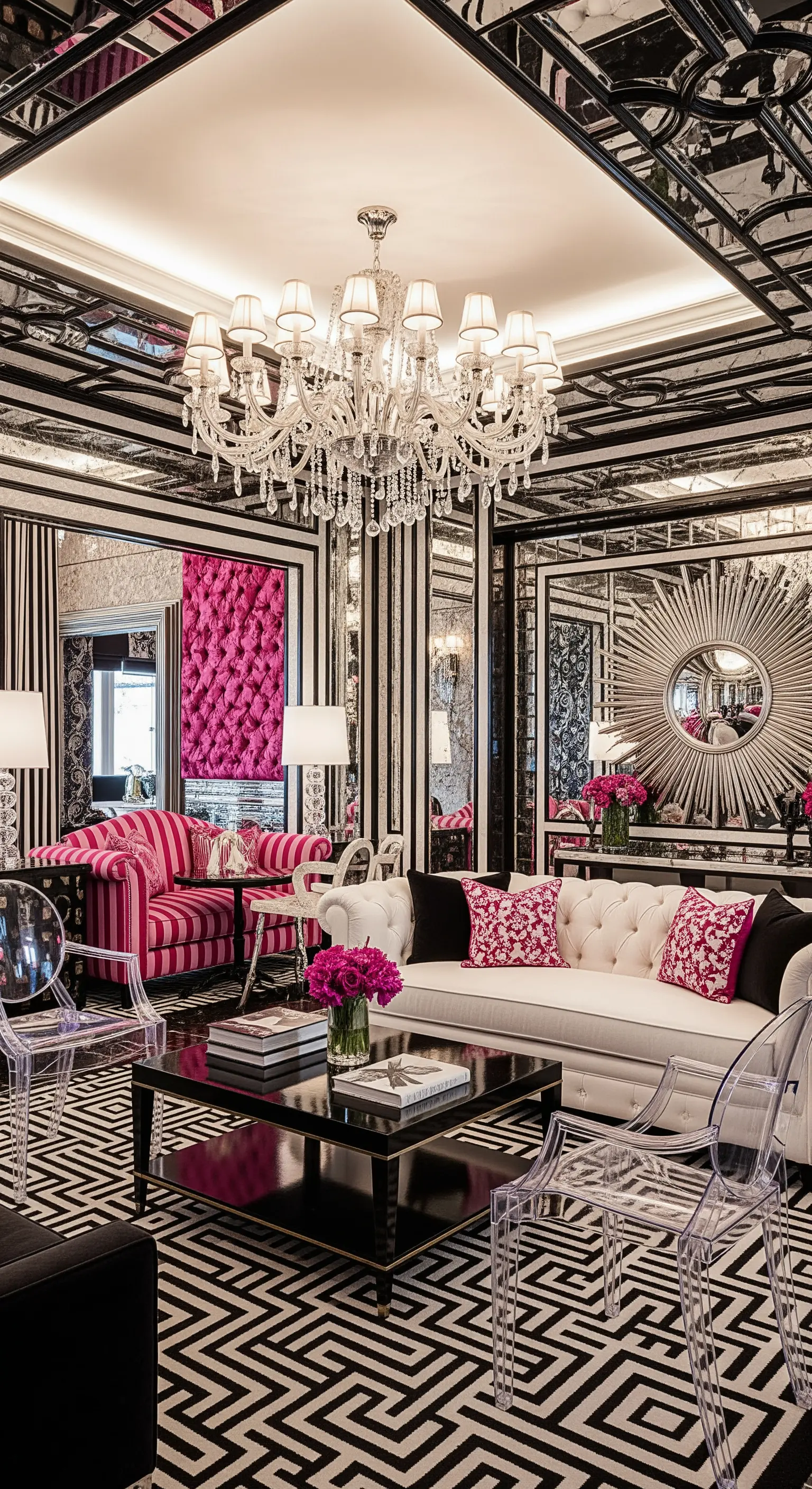Maximalistisches Wohnzimmer in Schwarz, Weiß und Pink mit Spiegeldecken und Mustermix.