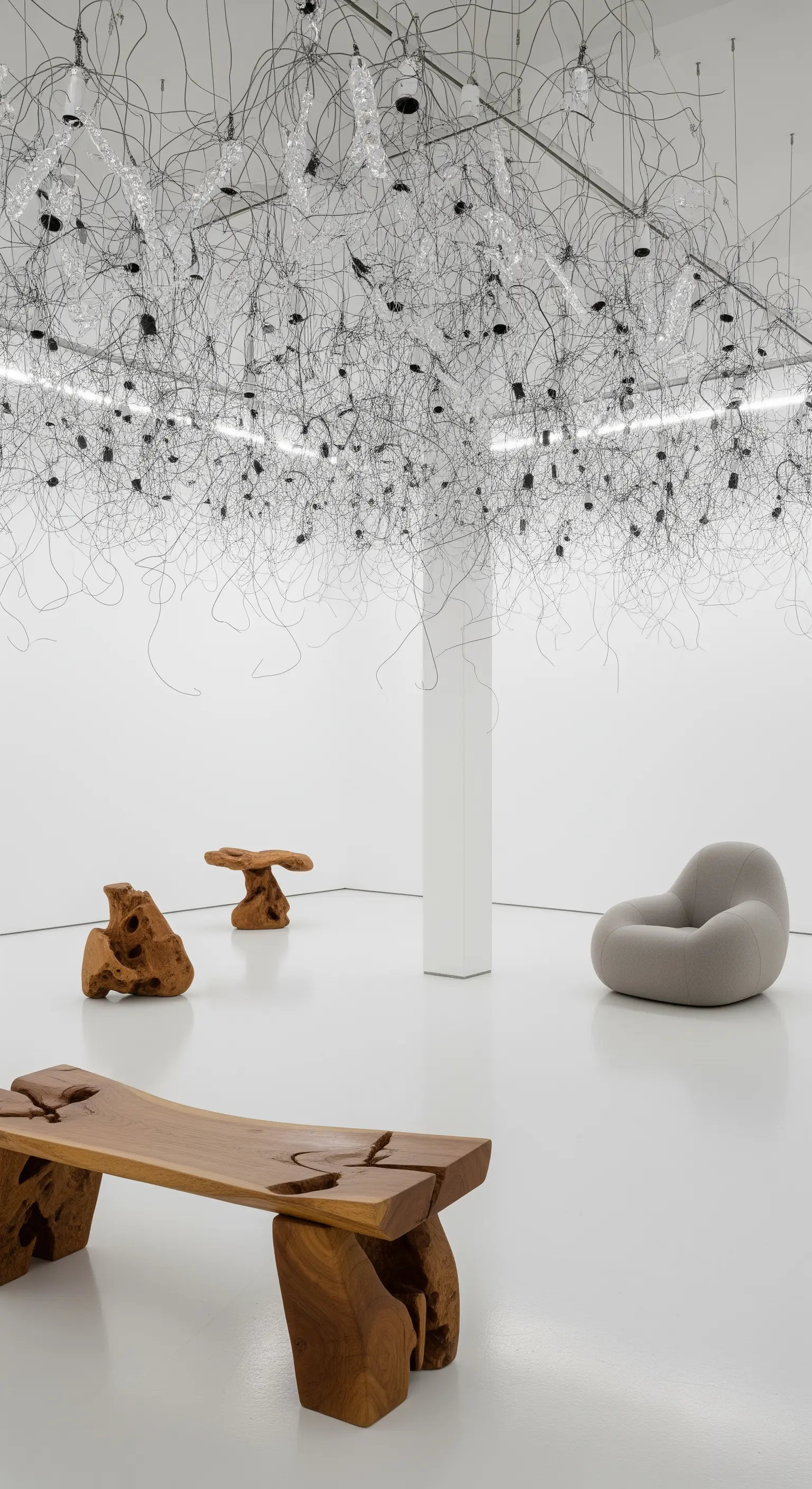 Abstrakte Lichtinstallation aus Draht und kleinen Lichtern in einer weißen Kunstgalerie.