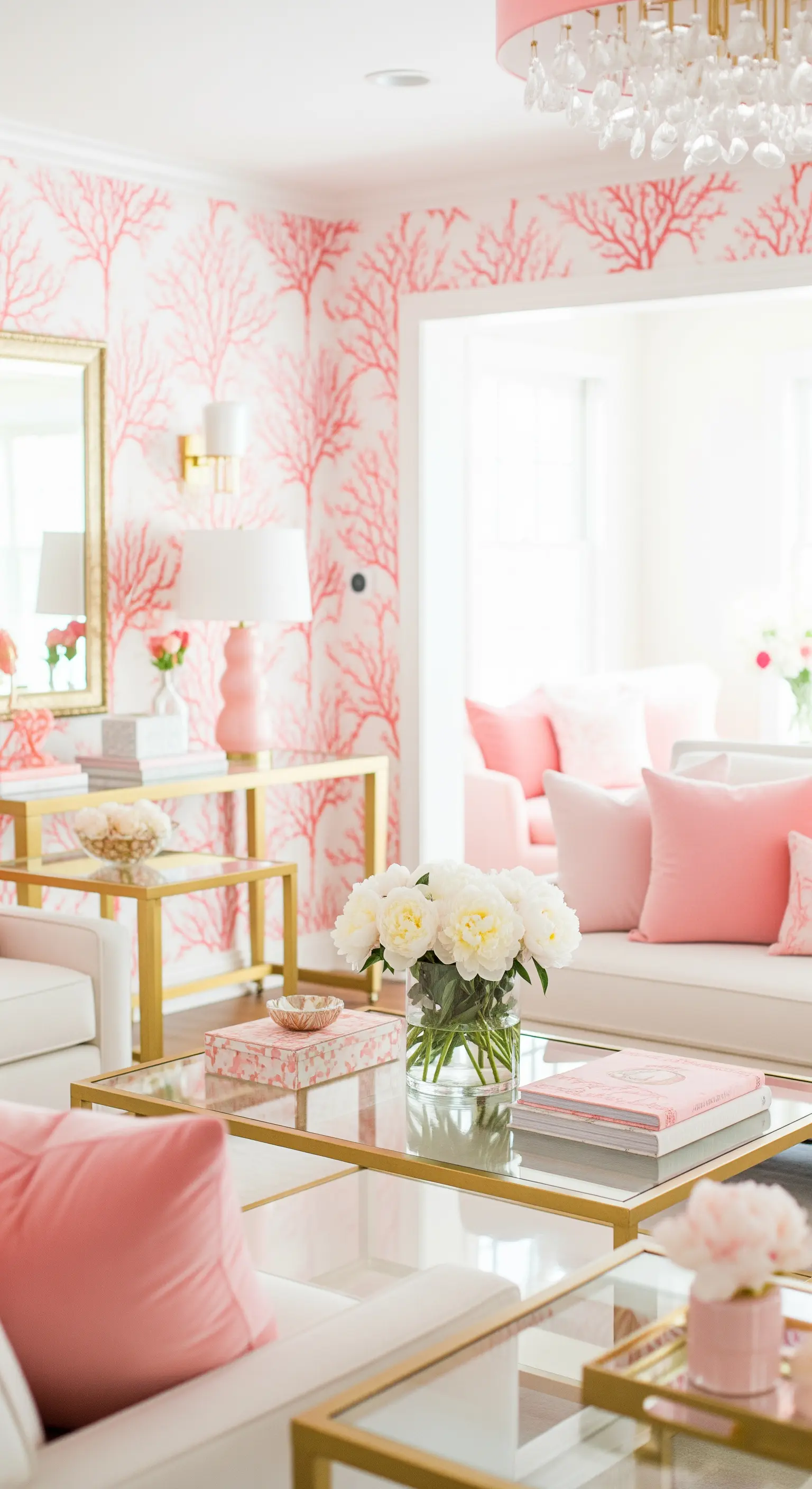 Korallenrosa Wohnzimmer, Goldakzente, weiße Sofas, Pfingstrosen, Glamour-Beleuchtung