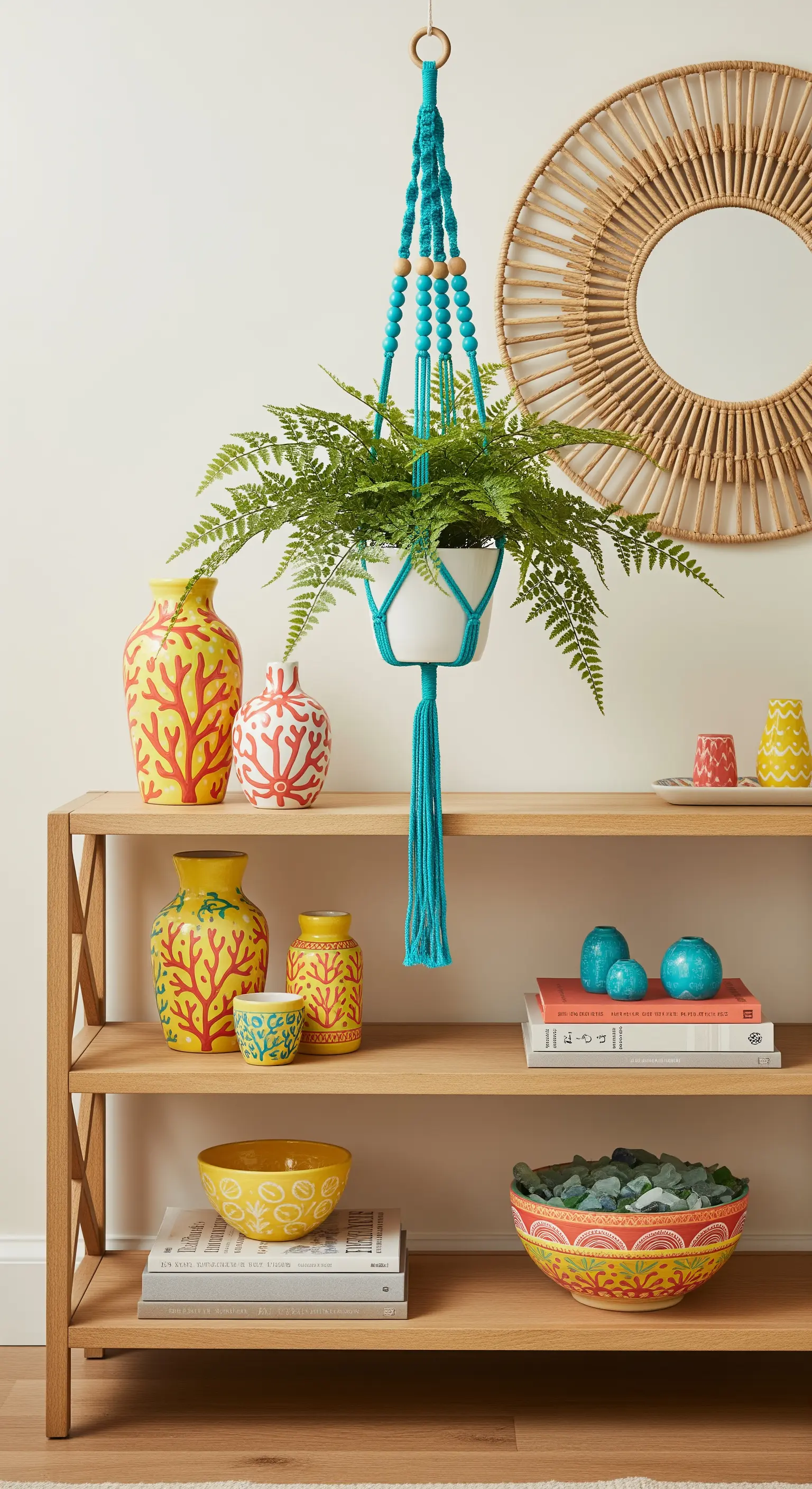 Helles Holzregal mit bunten Vasen in Korallenoptik und einer türkisen Pflanzenampel.