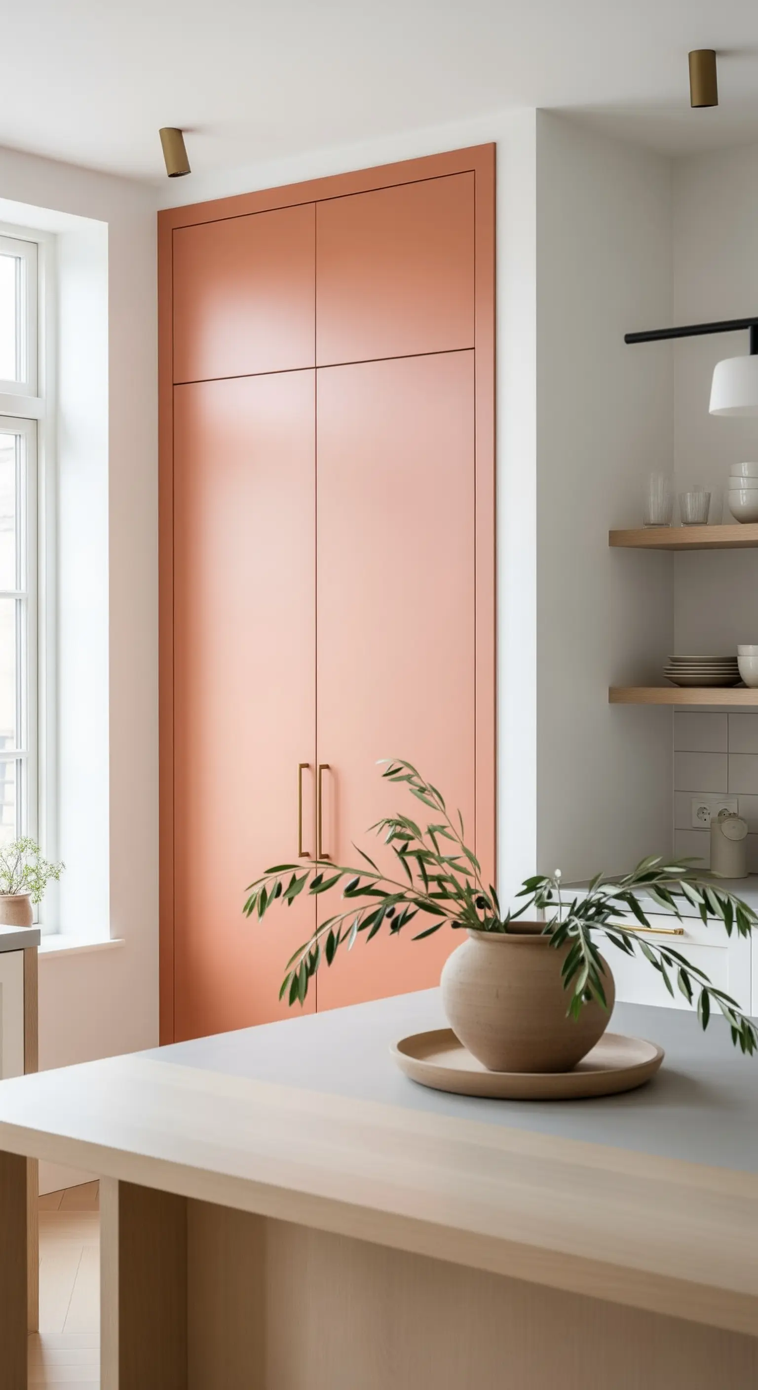 Korallfarbener deckenhoher Schrank und minimalistische Pflanze auf Kücheninsel