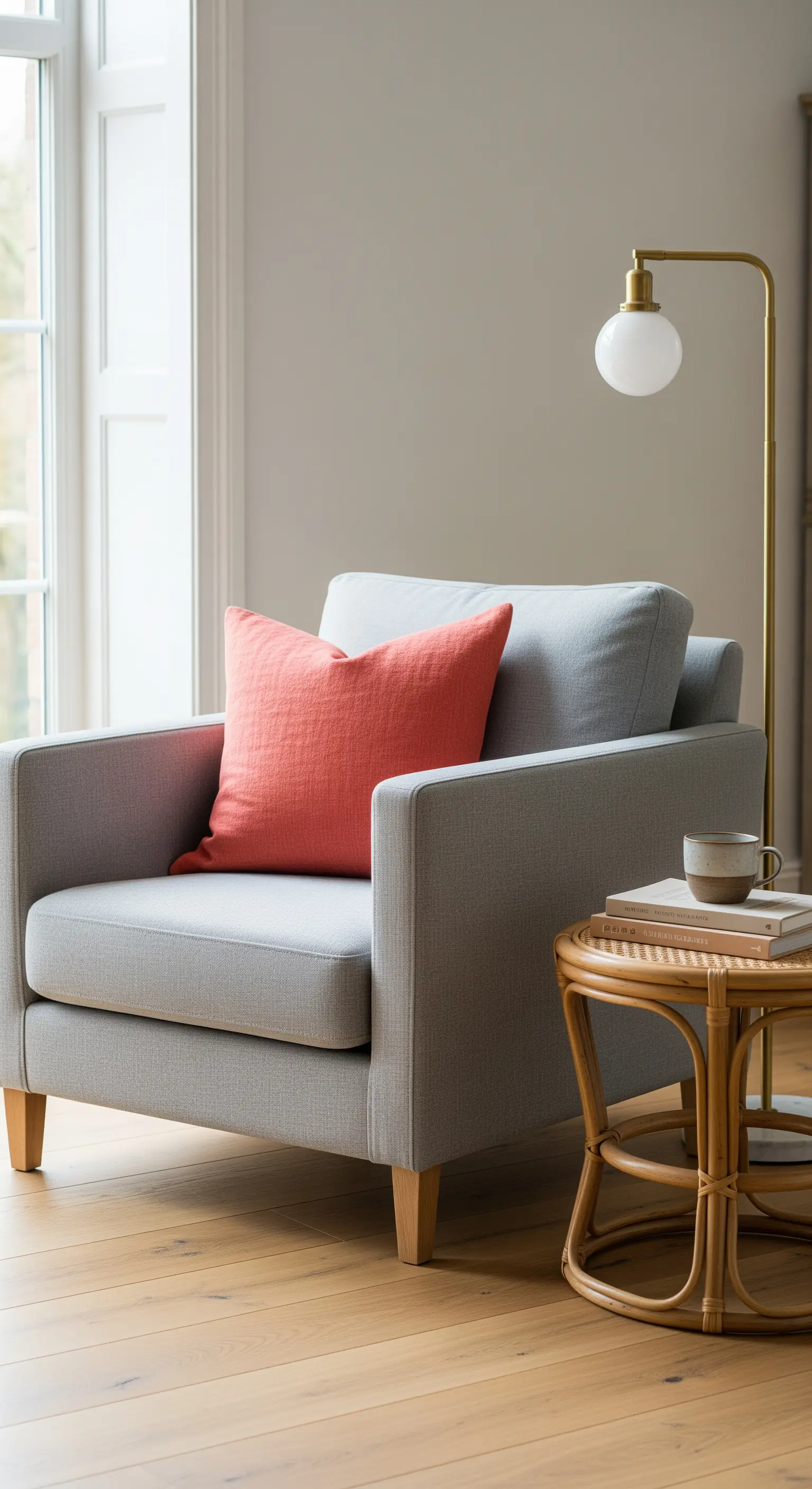 Grauer Sessel mit korallrotem Kissen, Rattan-Beistelltisch, Stehlampe