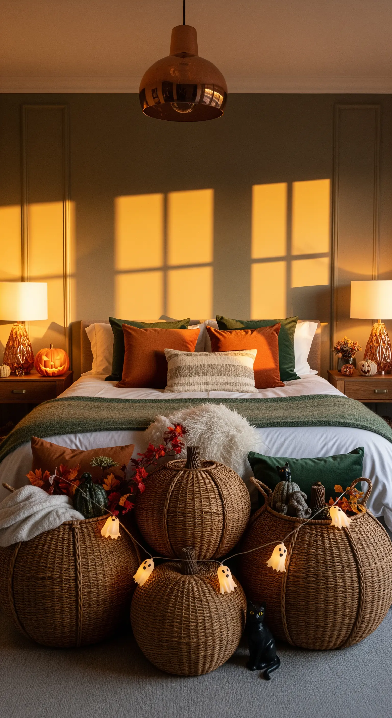 Korb-Kürbisse mit Geister-Lichterkette am Bett, olivgrüne und terrakottafarbene Kissen