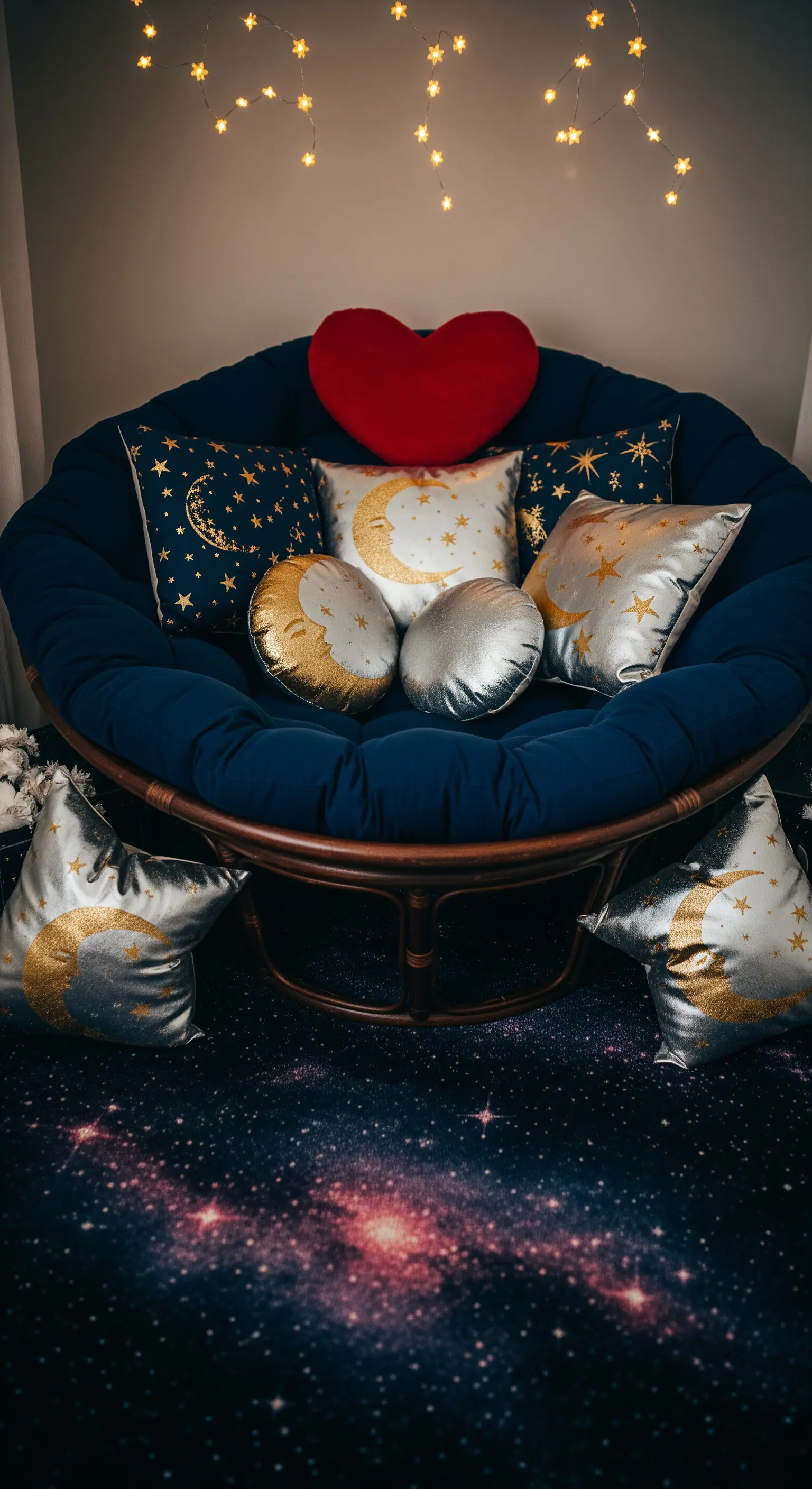 Blauer Sessel mit Mond- und Sternenkissen auf einem Teppich mit Galaxien-Motiv.