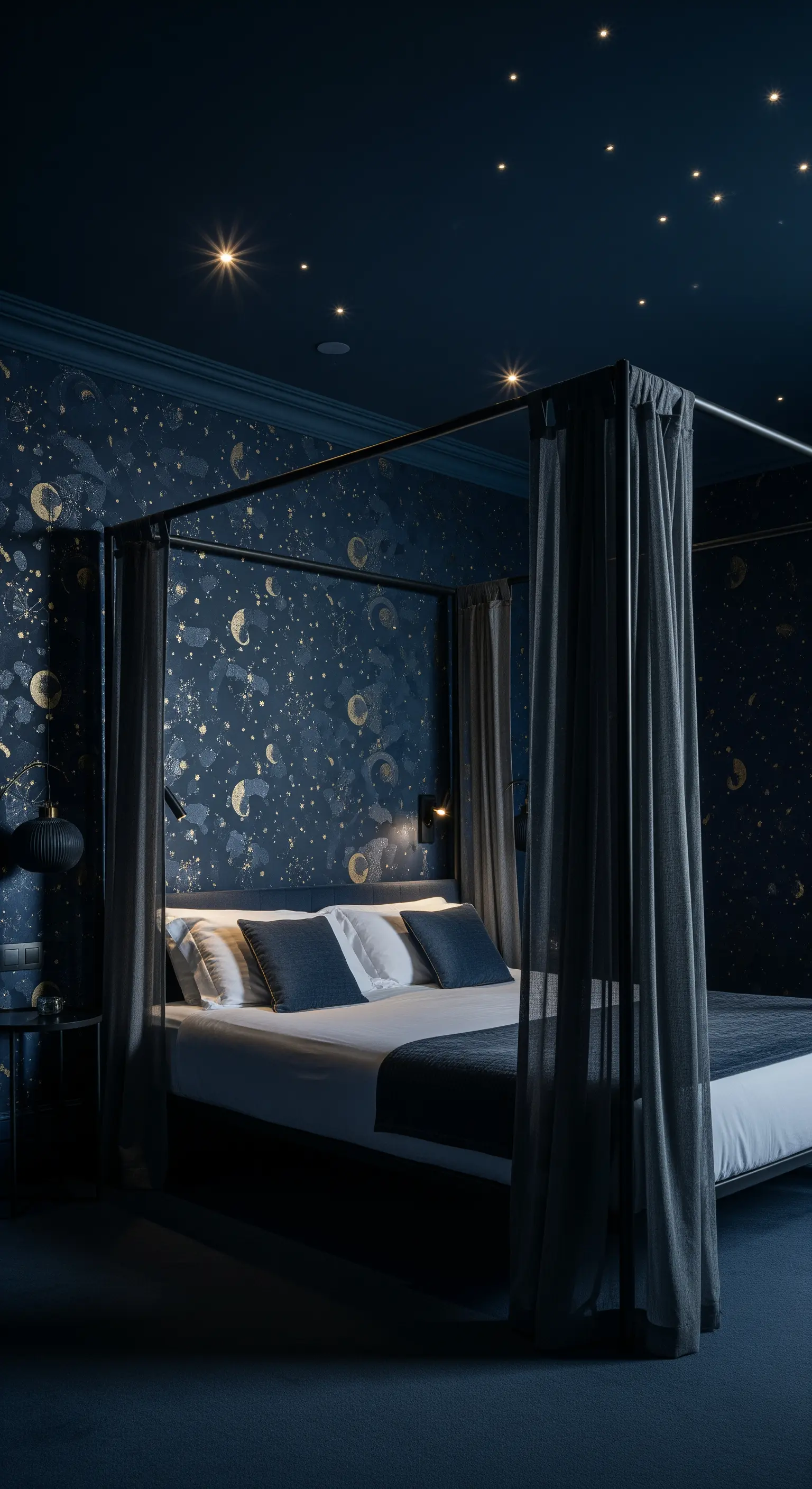 Magisches Schlafzimmer mit dunkelblauer Sternenhimmel-Tapete und Himmelbett.
