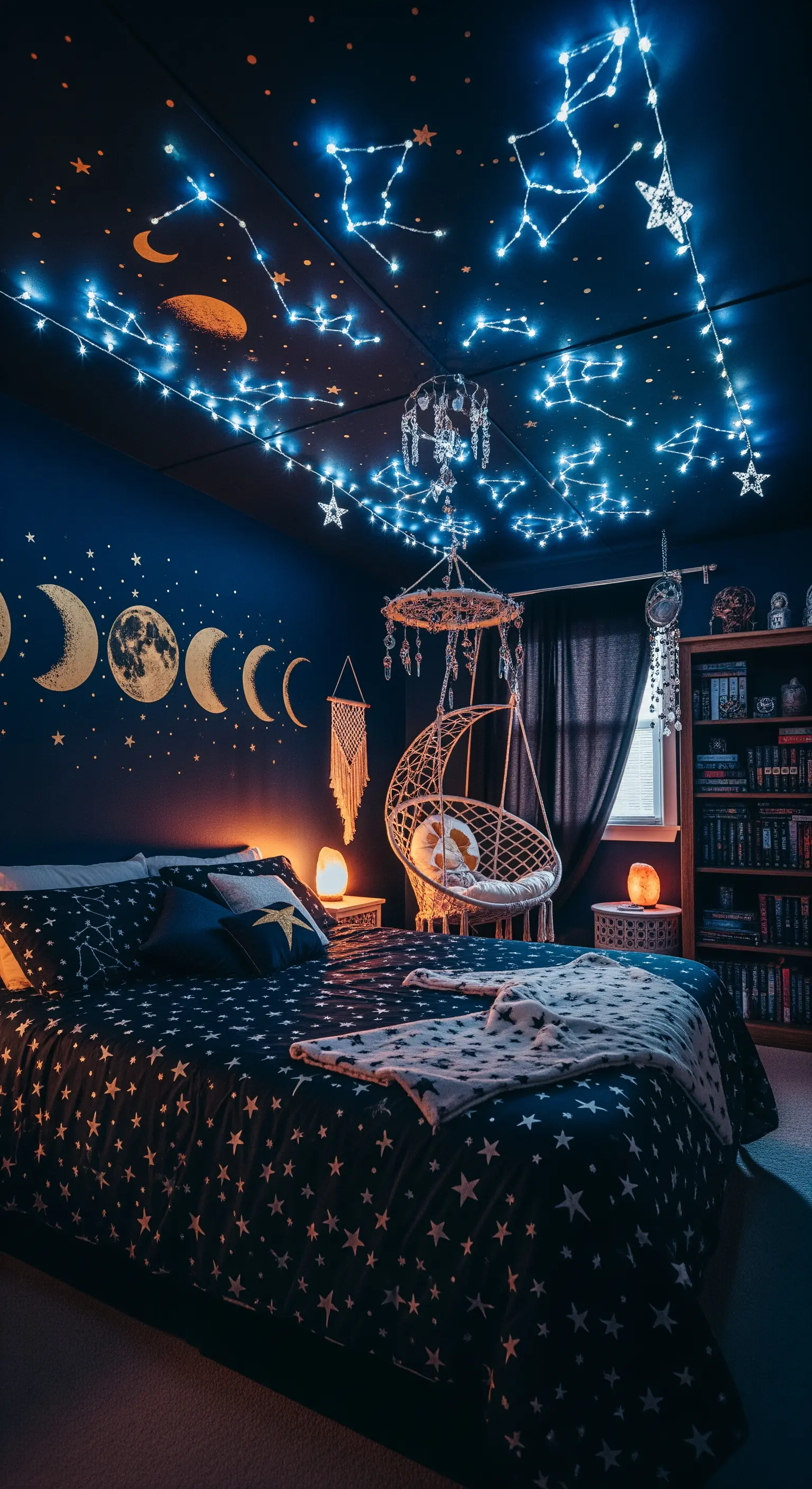 Dunkles Schlafzimmer mit Sternen-Lichterketten an der Decke und Mond-Deko.
