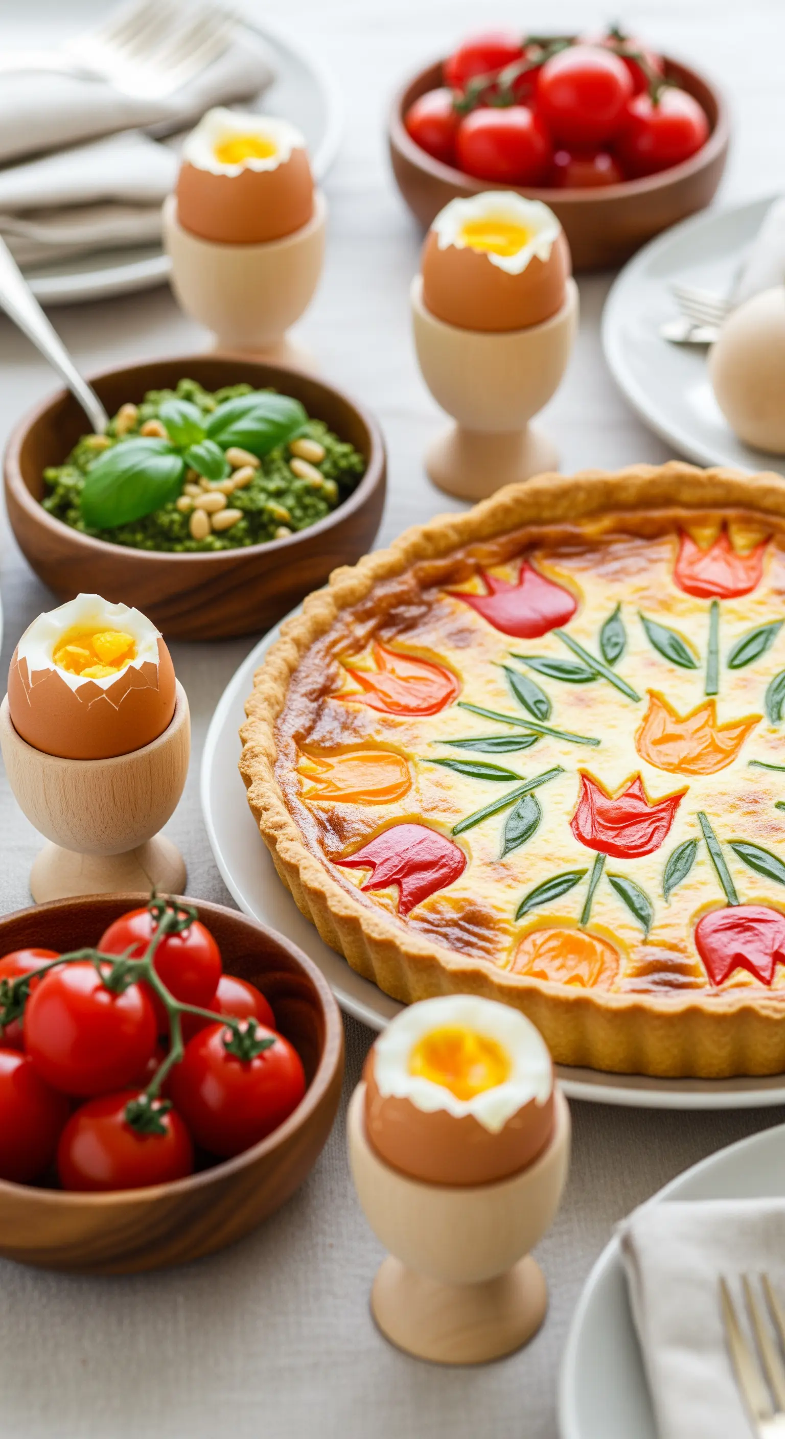 Quiche mit Tulpenmotiv, weichen Eiern in Holzeierbechern und Kirschtomaten.
