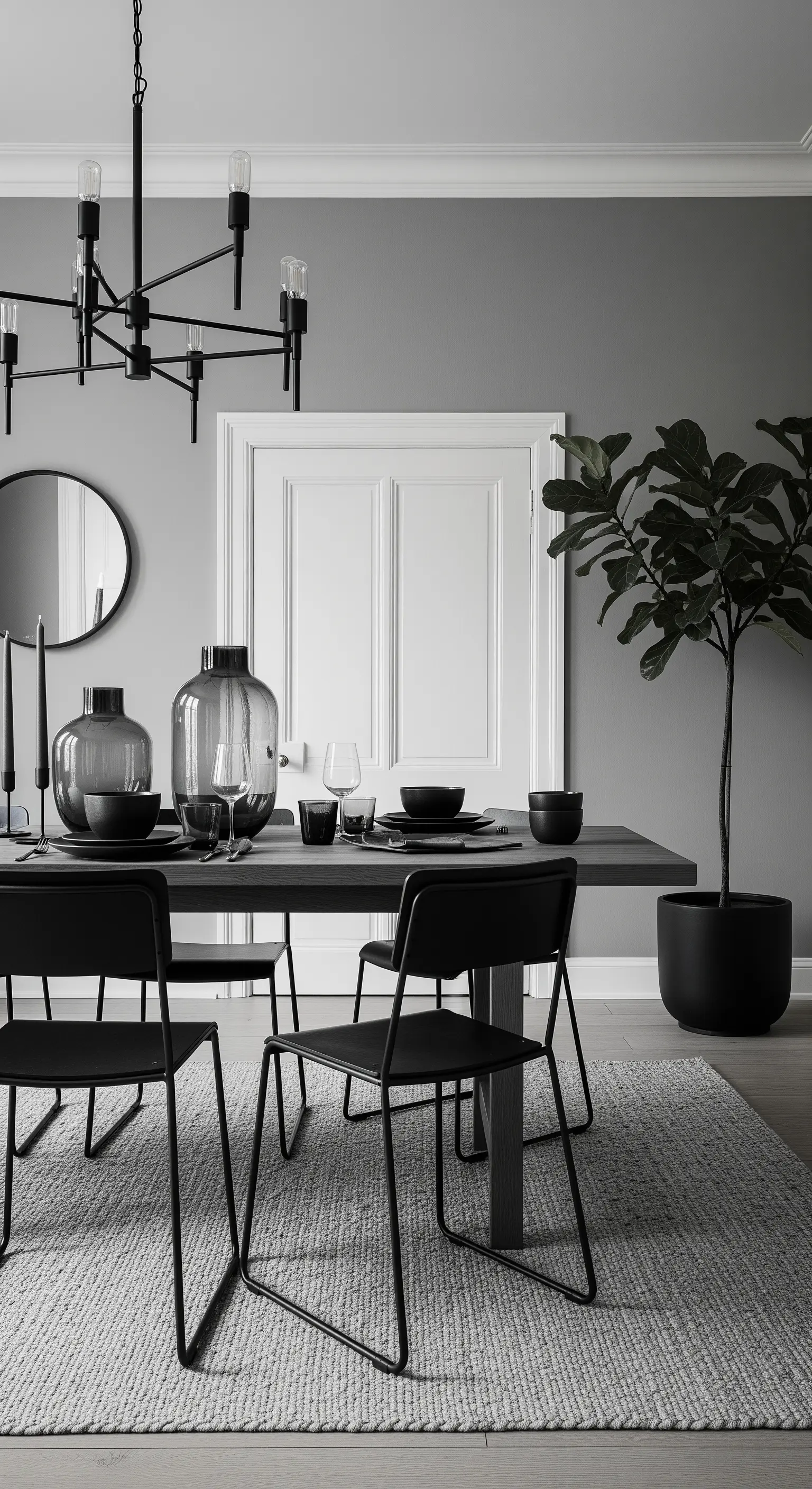 Minimalistisches Esszimmer in Grau und Schwarz mit modernen Möbeln.