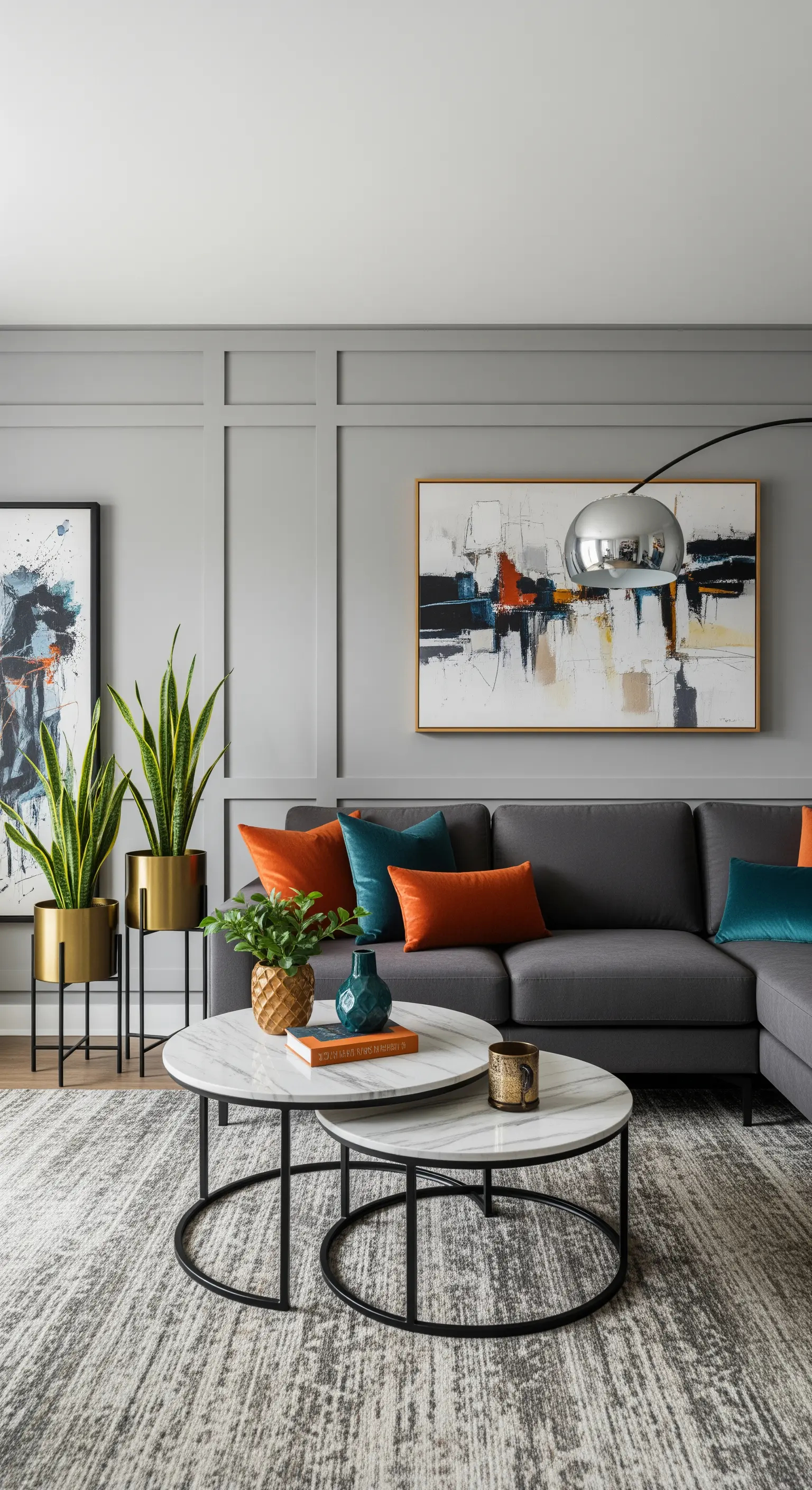 Modernes Wohnzimmer mit grauem Sofa, Kissen in Orange und Petrol sowie Marmor-Couchtischen.