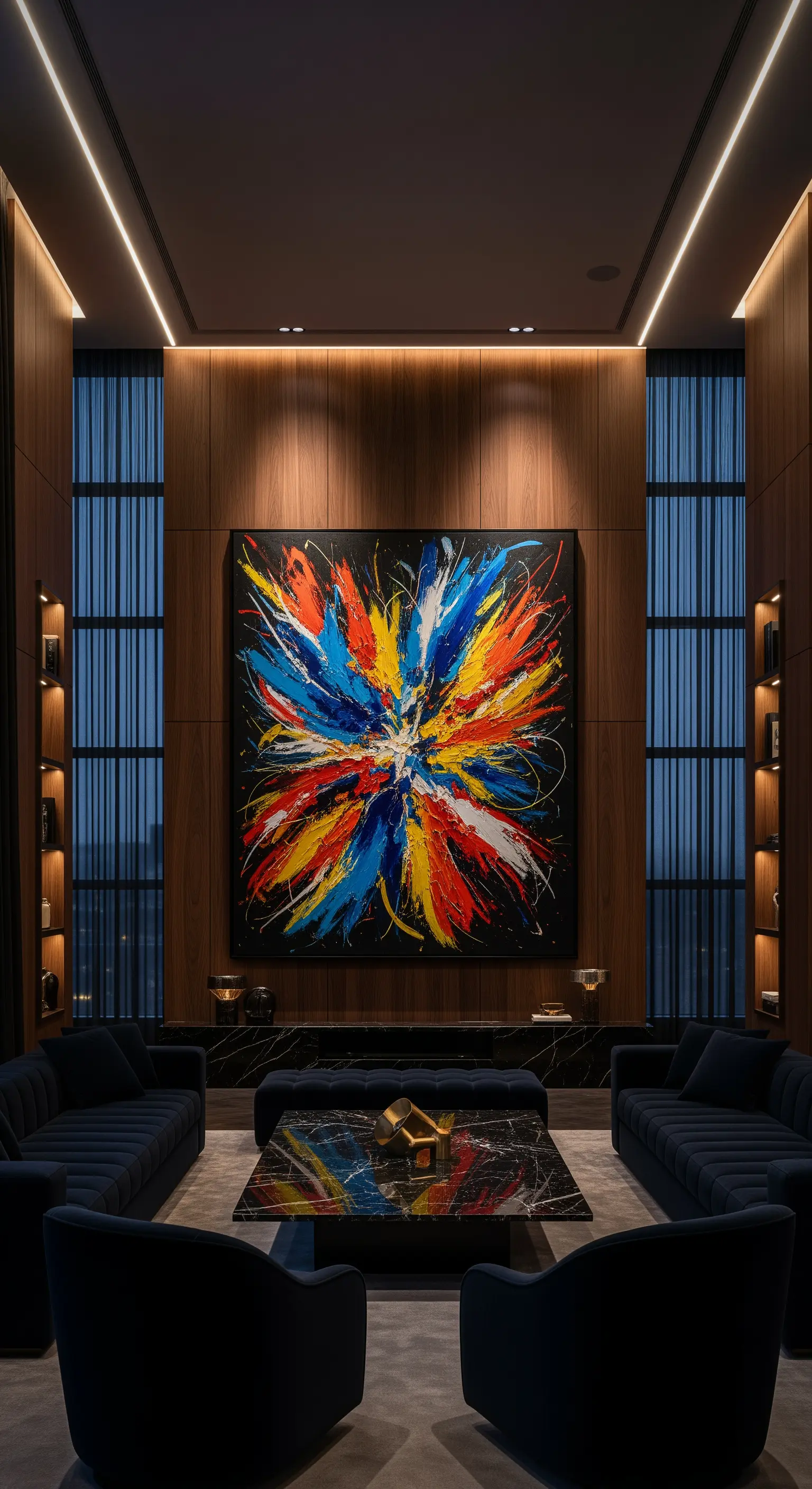 Abstraktes farbenfrohes Gemälde in dunklem Raum