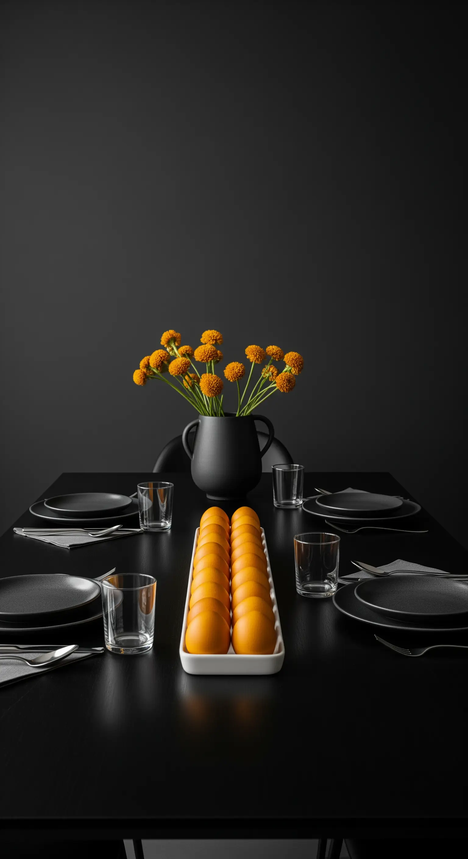 Schwarzer Esstisch mit leuchtend orangen Eiern und Blumen als starker Kontrast