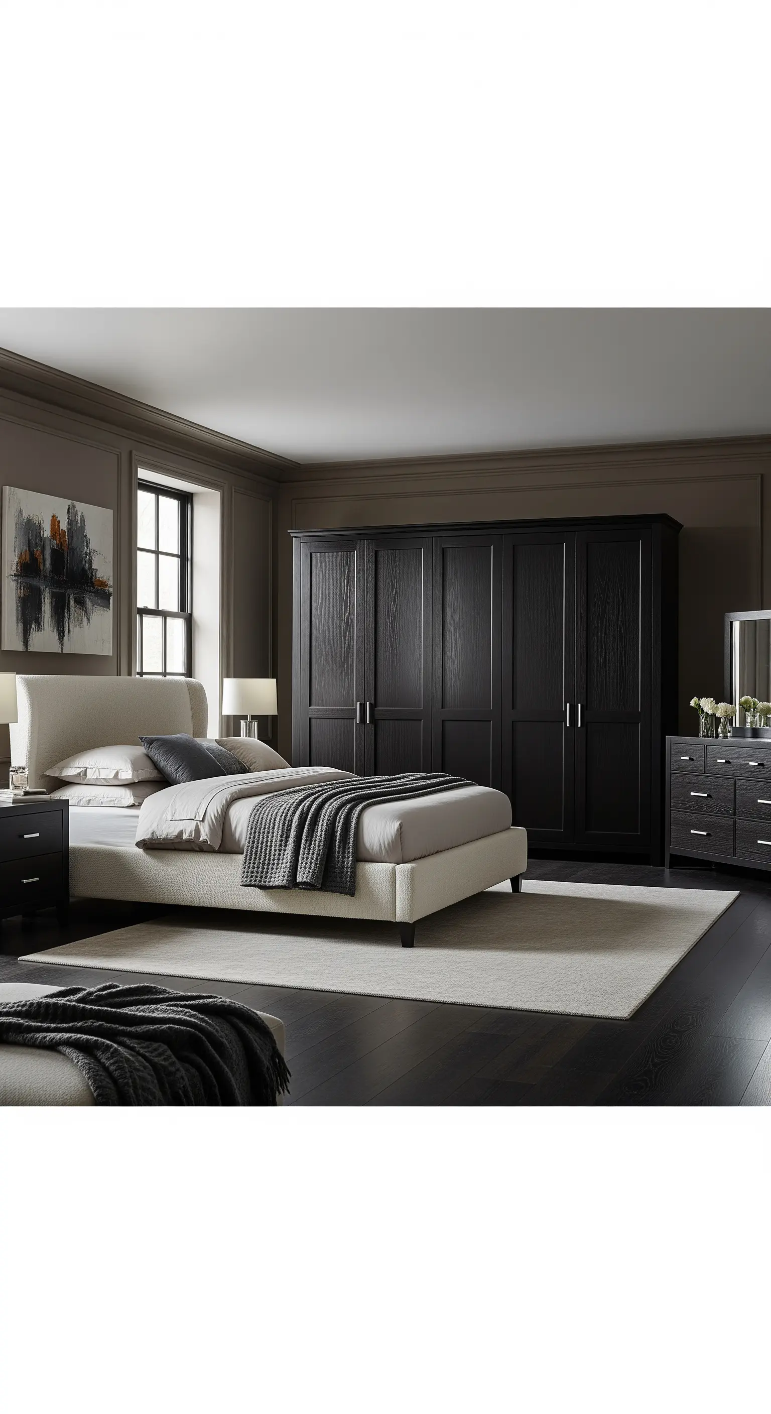 Schlafzimmer mit hellem Bett, dunklem Kleiderschrank und Wänden in Greige.