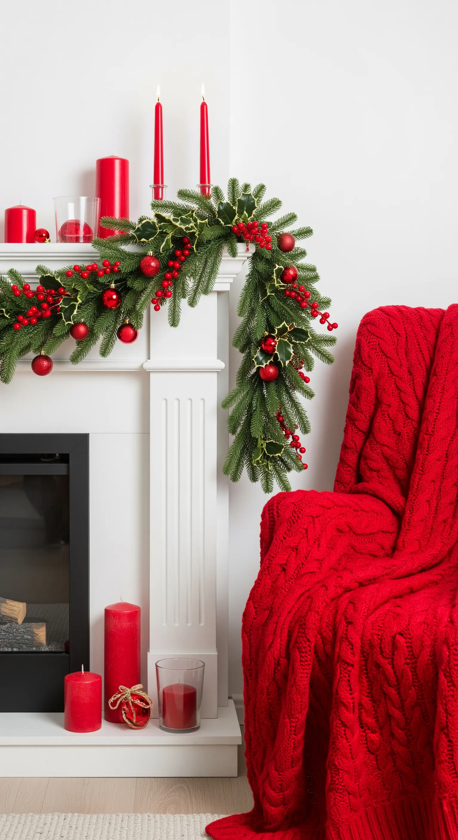 Kamindekoration in Weiß, Grün und Rot mit Kerzen und einer roten Strickdecke.