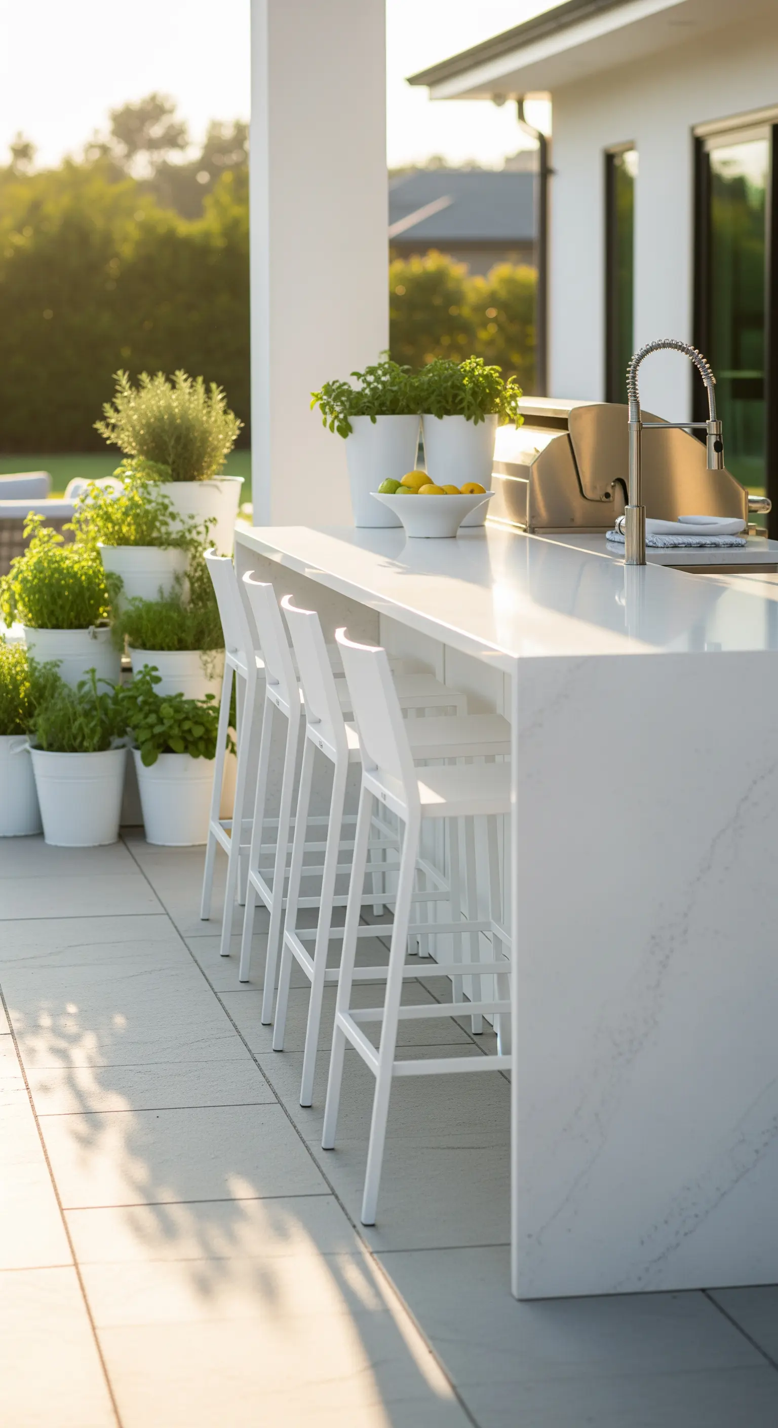 Outdoor-Küche mit weißen Barhockern und Kräutertöpfen
