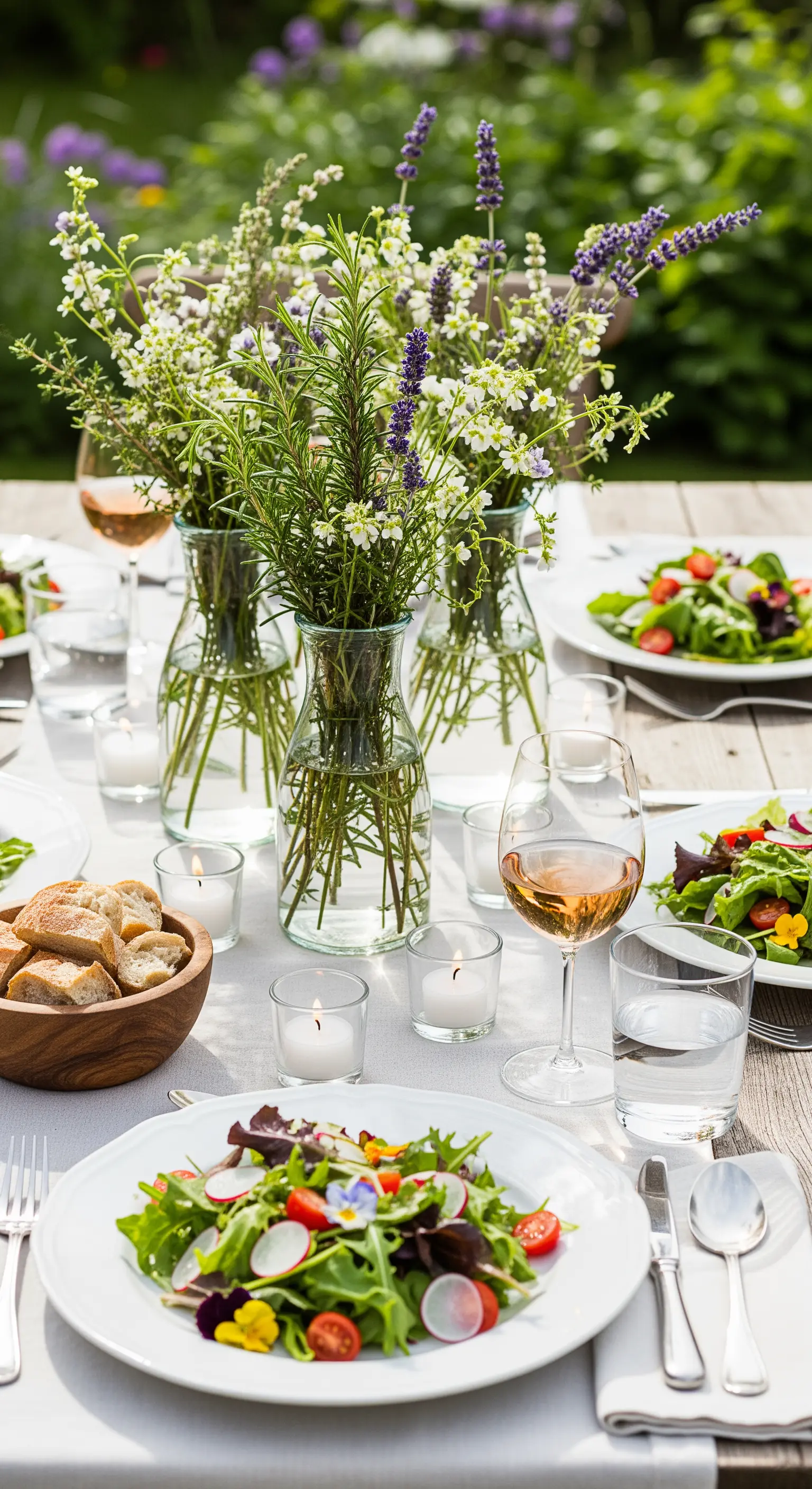 Kräuter und Wildblumen in Glasvasen mit Teelichtern auf rustikalem Tisch