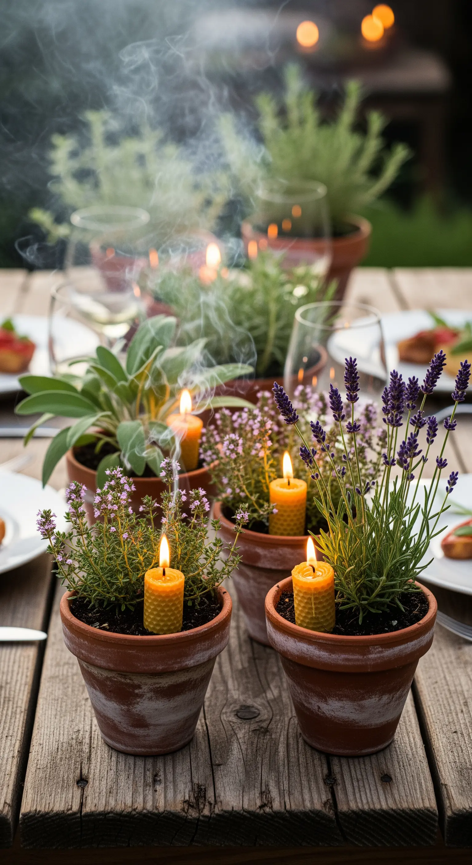 Holztisch mit Terrakotta-Töpfen voller Kräuter und kleinen Bienenwachskerzen.