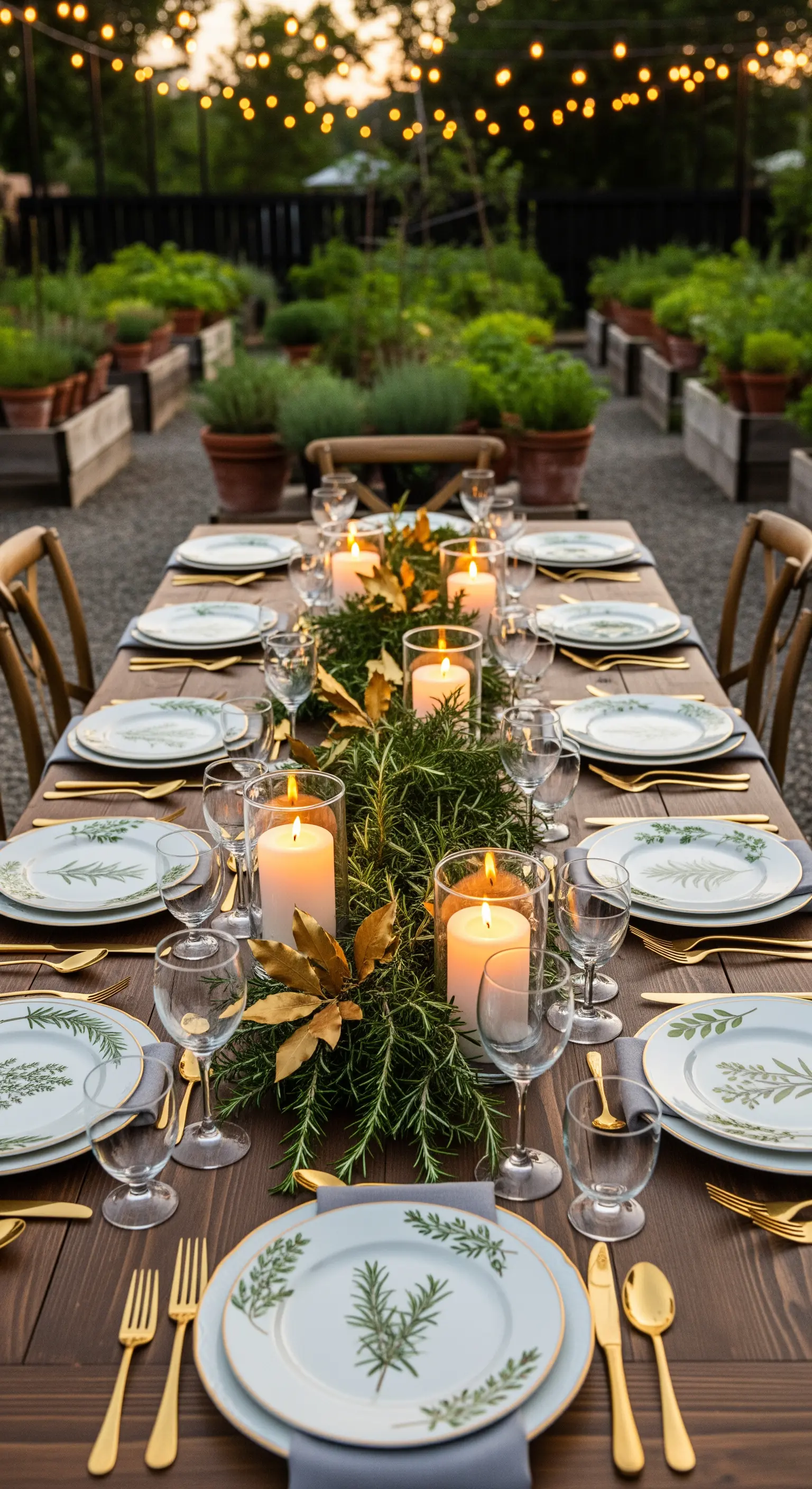 Tafel im Kräutergarten mit Rosmarin-Girlande, Kerzen, Porzellan mit Kräutermotiven